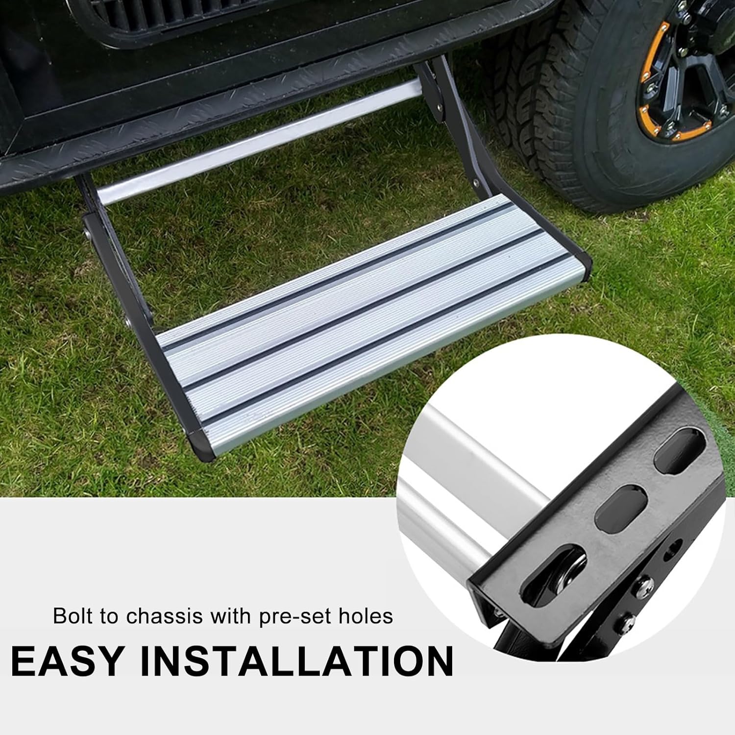 Truck Camper Steps Single Manual RV Step Assembly, Aluminum Alloy Folding Camper Stairs, Outdoor Mobile Home Step Stool for Travel Camping Trailers