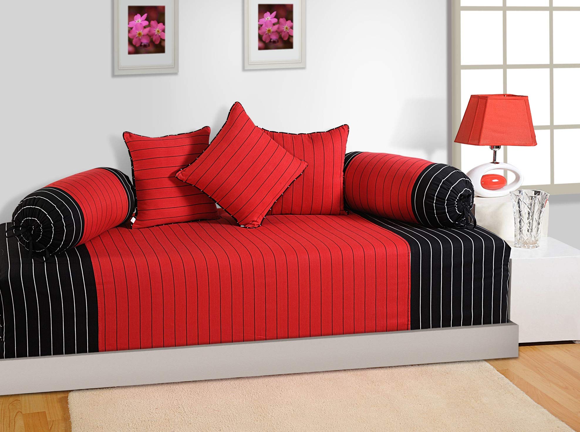 Swayam Diwan Set Cotton 6 Piece Diwan Printed Bedsheet Set for Living Room Hall (Set of 6 Piece, 1 Diwan Sheet | 2-Bolster Cover | 3 Cushion Covers) Soft Feel,Red Black-image-44