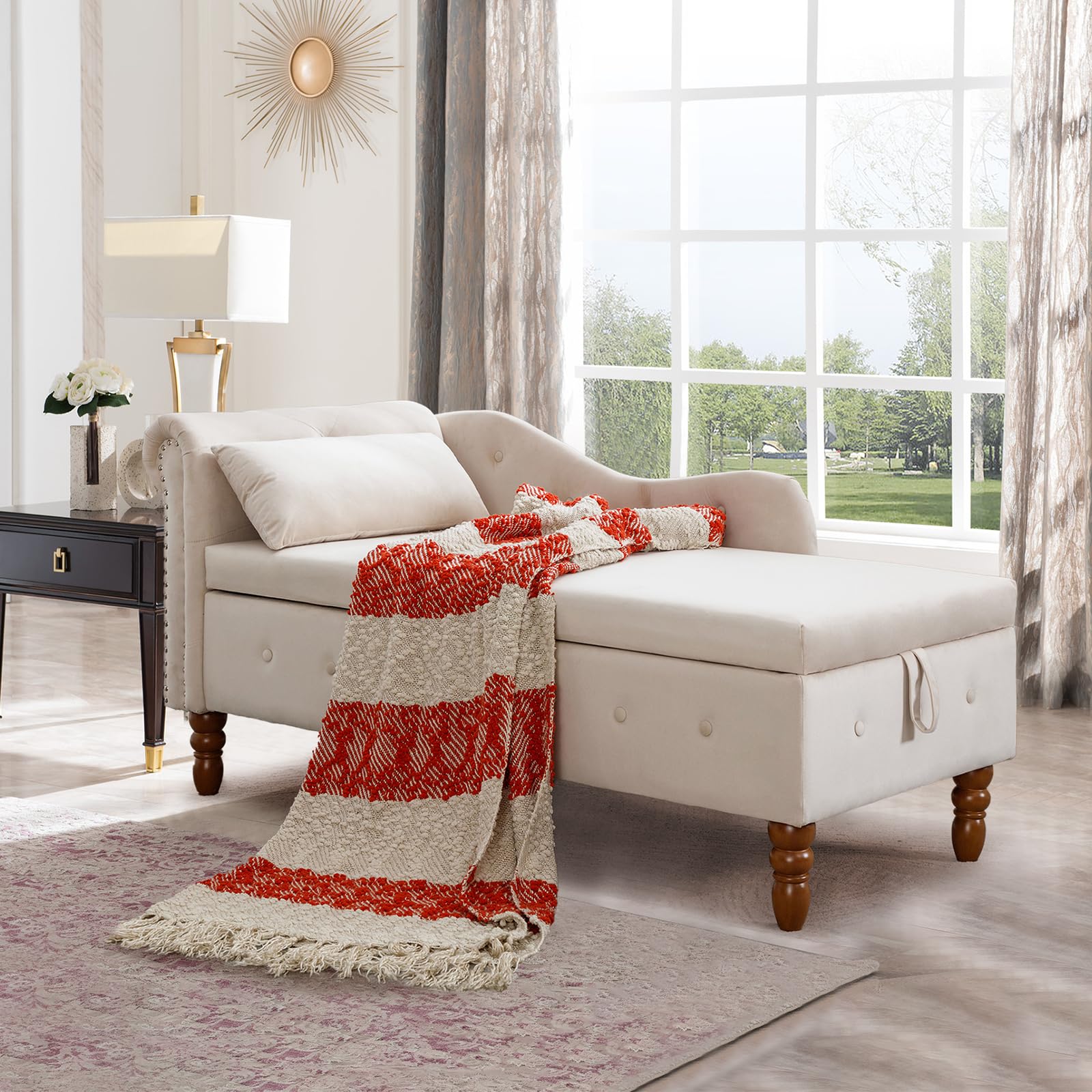 58 inch Velvet Chaise Lounge with Storage, Upholstered Lounge Chair with Lumbar Pillow and Rolled Armrest, Button Tufted Indoor Chair with Nailhead Trim, for Living Room Bedroom Office (Beige)