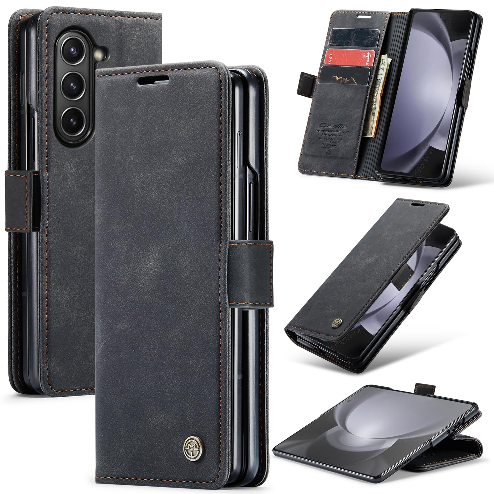 Lanranwa Handyhülle für Samsung Galaxy Z Fold 5 5G Hülle Premium Lederhülle Klappbar Flip Case Handytasche Schutzhülle Klapphülle Standfunktion für Samsung Galaxy Z Fold 5 -Schwarz