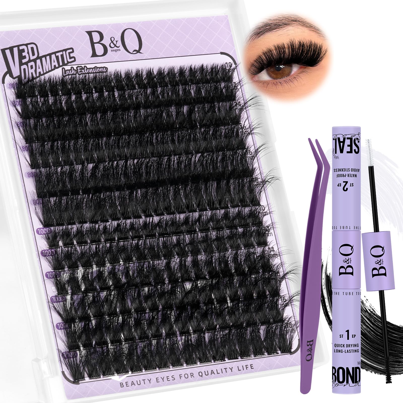 B&Qaugen Lash Clusters Kit 216PCS Lash Extension Kit 3D Eyelash Extension Kit 80D+100D 10-18 Mixed Wispy DIY Lash Extension Kit Voluem Thick