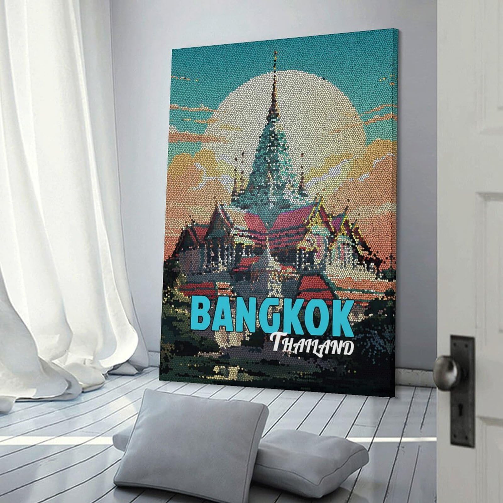 Junmoney Bangkok Thailand Mosaic Art Wall Decor Canvas Print, 24x36inch(60x90cm), for Home Lounge, Bedroom Or Reading Nook, Decorative Artwork for Empty Walls