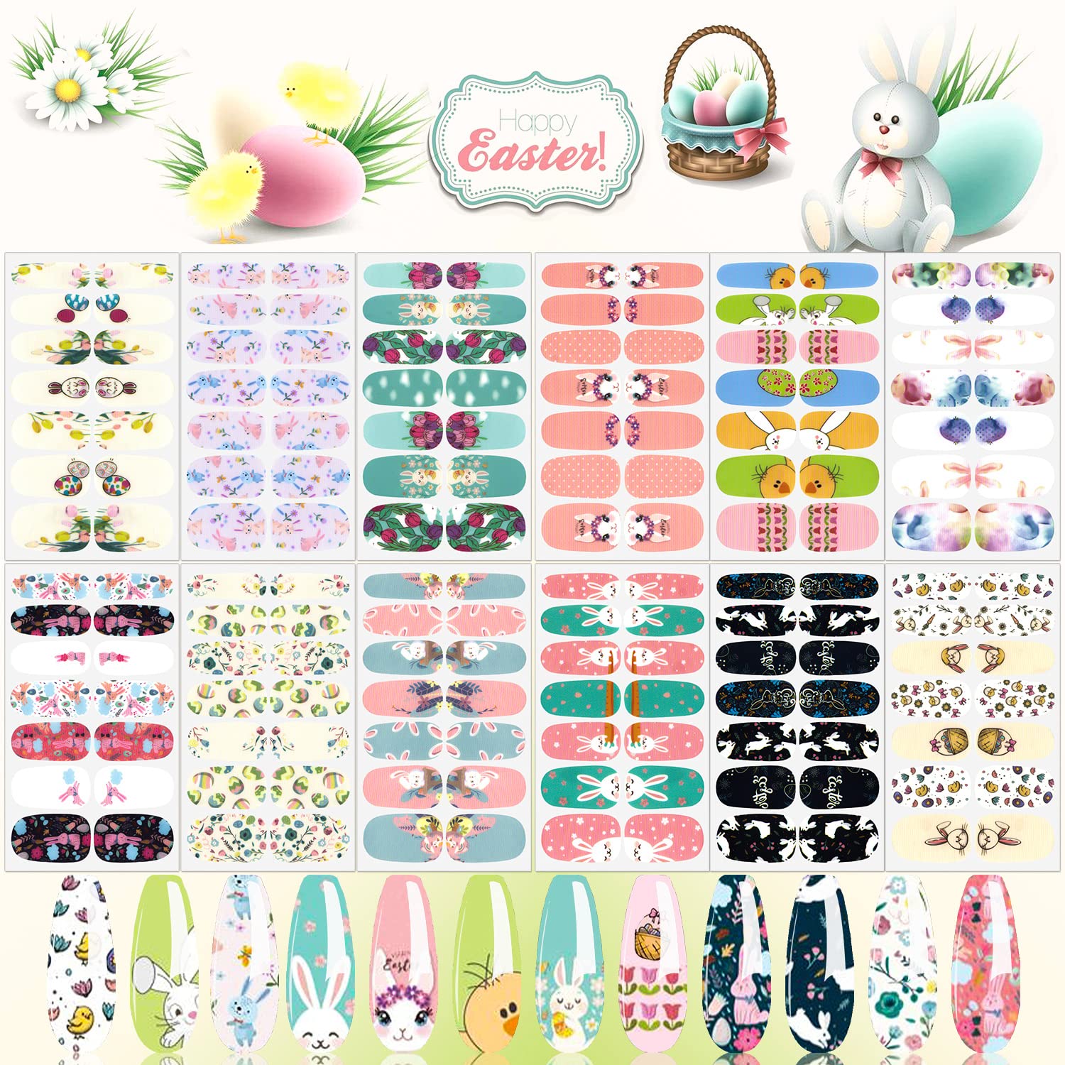 JERCLITY 12 Sheets Easter Nail Polish Strips Easter Cartoon Nail Stickers with Nail File Self-Adhesive Rabbit Chick Egg Easter Nail Strips Gel Stickers for Nails Full Nail Wraps for Women Nail Art
