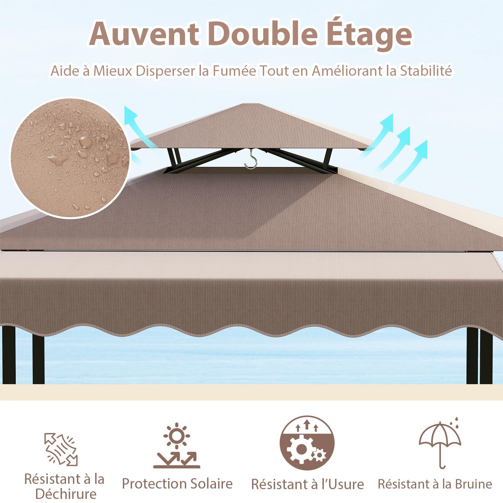 COSTWAY Tonnelle de Barbecue 3 Pcs Extérieur avec 2 Chaises Pliables Auvent, Ensemble de Bar de Jardin à Double Toit avec Table de Bar Étagères de Rangement en Métal, pour Jardin Cour (Marron)