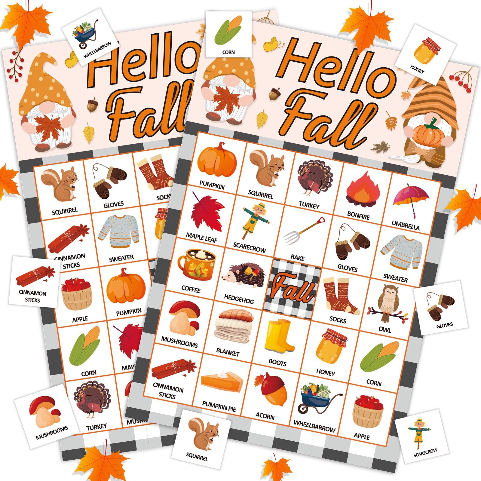 JUESMOS Fall Game Gnome Bingo Game Cards 24 Players Fall Bingo Game for Adults Autumn Harvest Fall Festival Party Games for School Classroom Family