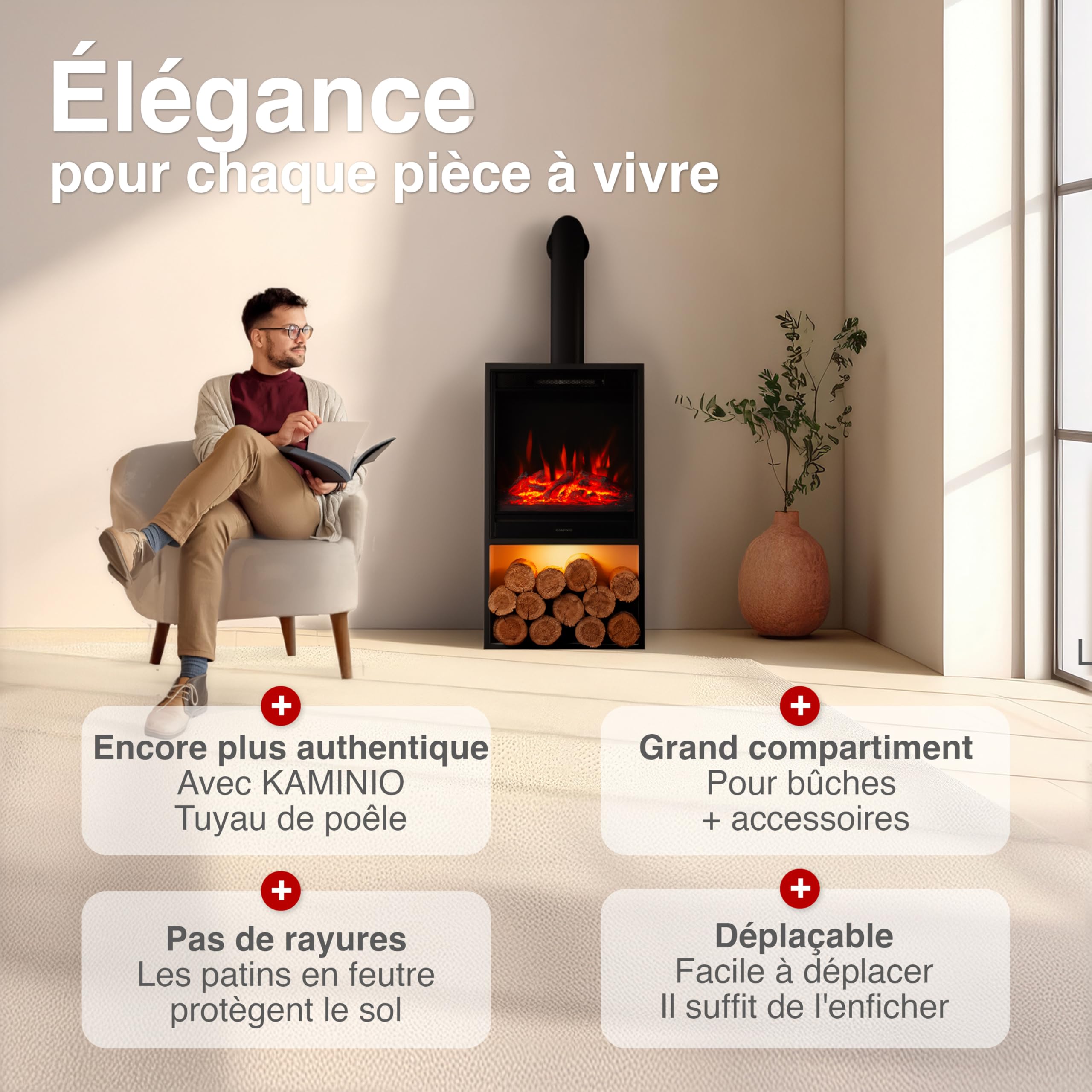 KAMINIO Cheminée électrique Hugo avec Tuyau de poêle - Poêle électrique avec Chauffage, Effet de Flamme 3D, lumière d'ambiance LED, Casier à Bois, télécommande (Noir)