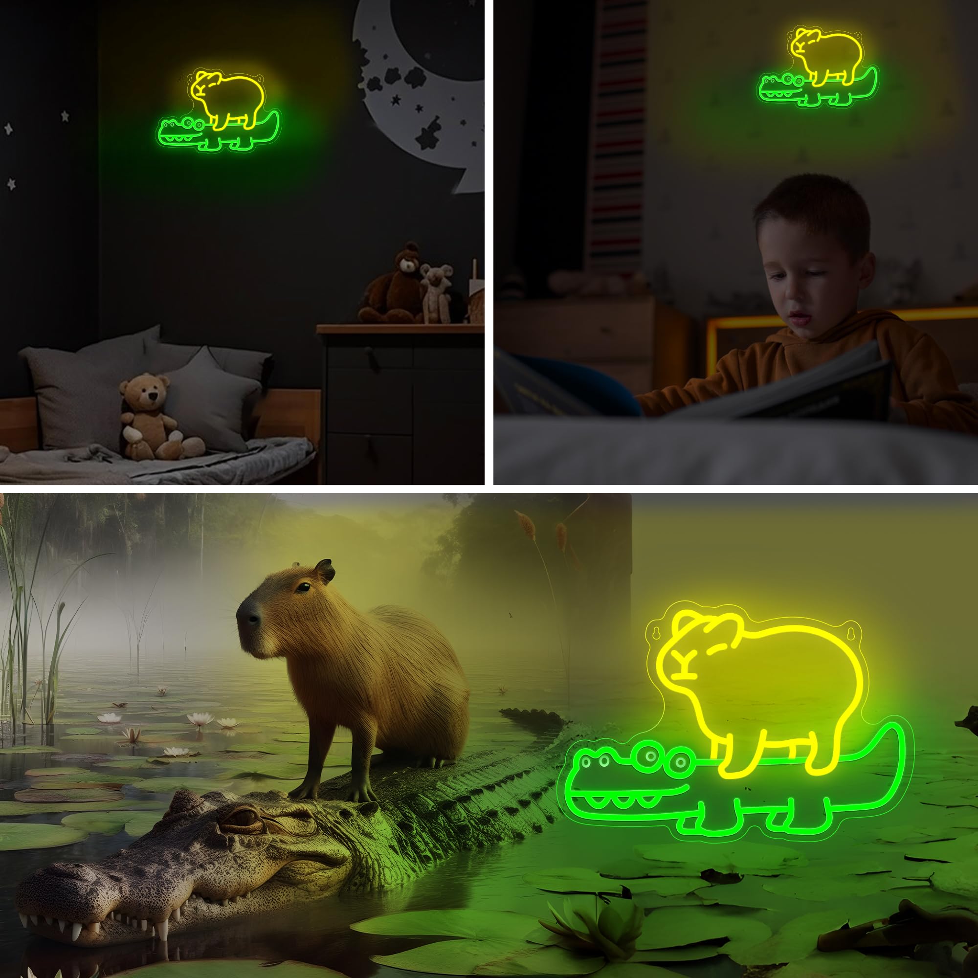 CooPark Neonschild, Capybara mit Krokodil, Neon-Nachtlicht mit USB-betriebenem Dimmer, süße Wanddekoration für Schlafzimmerladen, Geschenkidee zum Kindergeburtstag