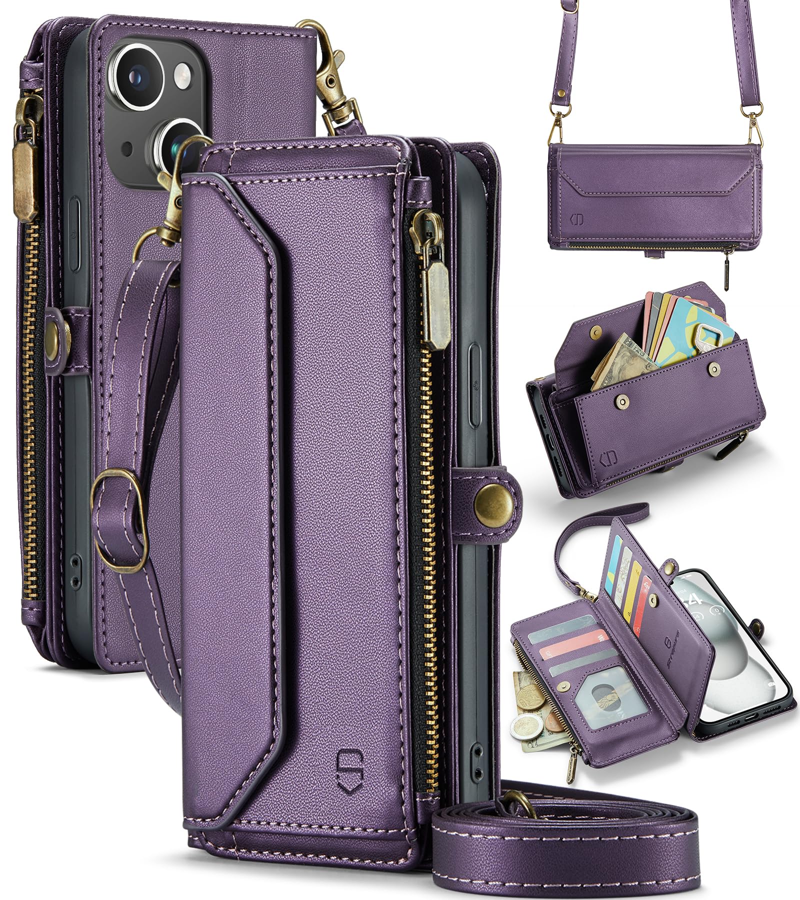 Strapurs Crossbody for iPhone 15 Plus Wallet Case?RFID Blocking?with 10-Card Holder Zipper Bills Slot, Soft PU Leather Magnetic Wristlet Shoulder Strap for iPhone 15 Plus Case Wallet for Women, Purple