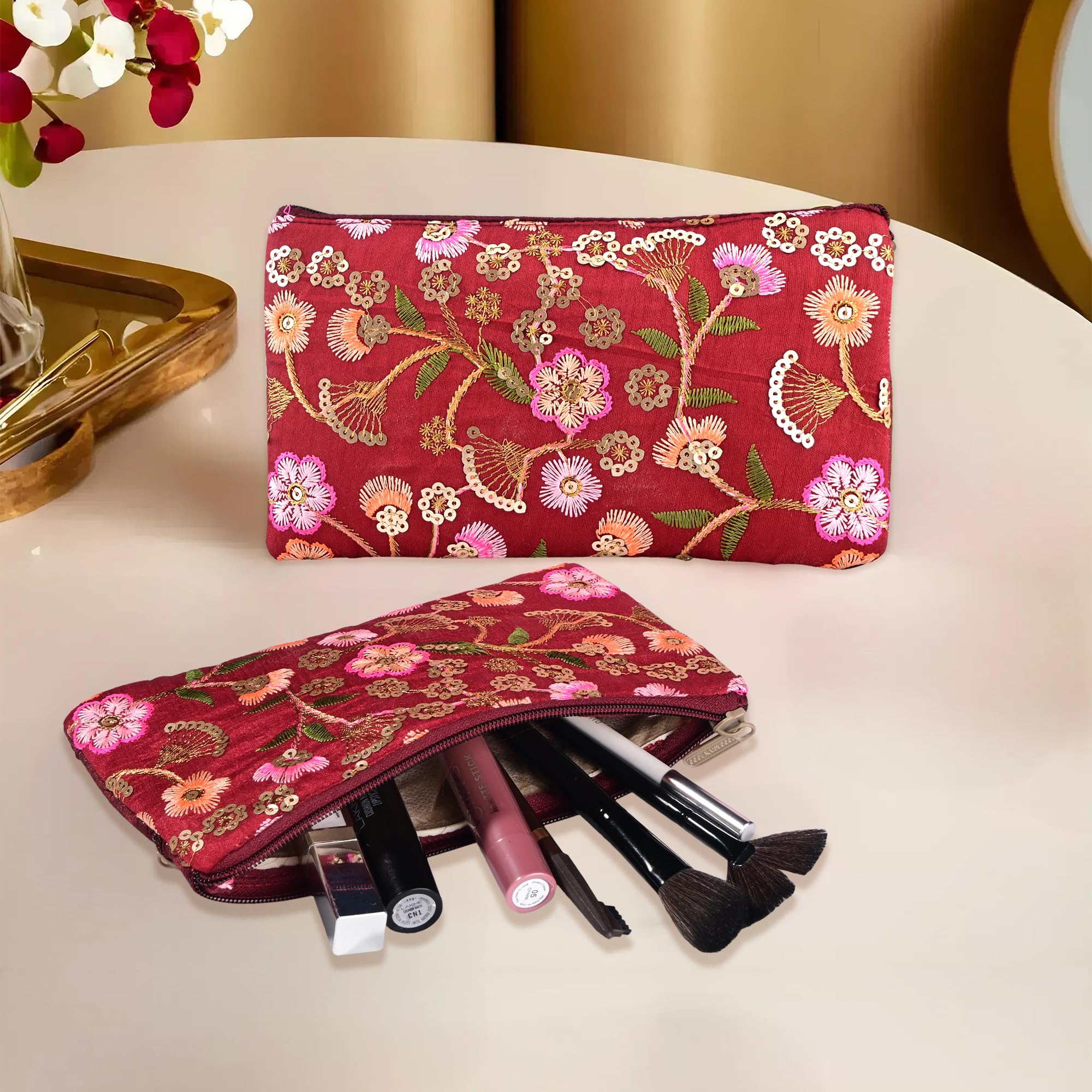 Heart Home 2 Pcs Polyester Traditional Hand Purse Ladies with Zip | Embroidery Wallet Purse for Women | Ethnic Pouch for | Return Gift for Ladies | New Flower - Maroon-image-24