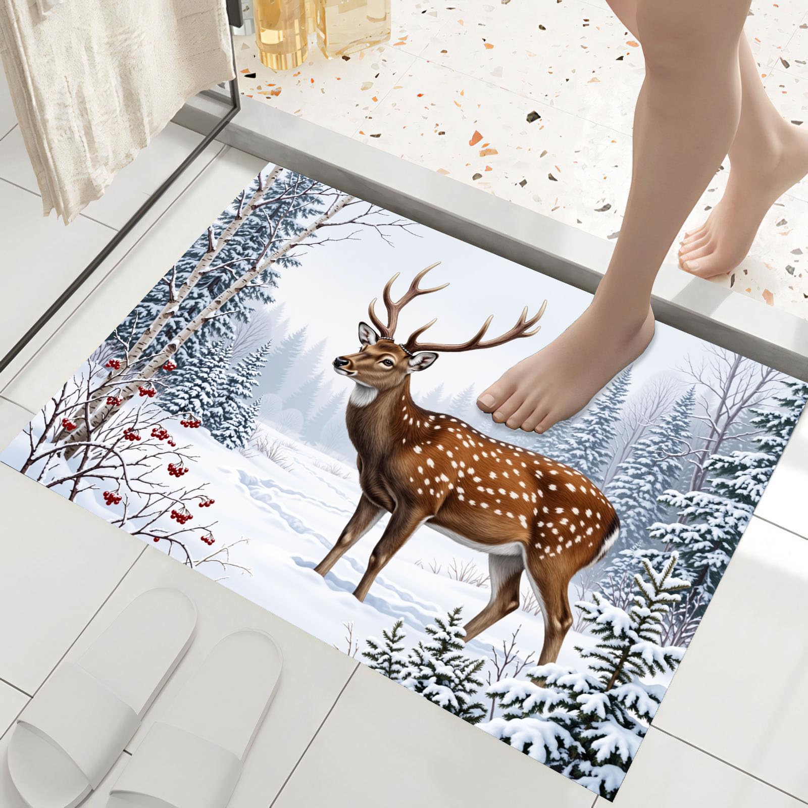 Fußmatte Innen Und Außen 80 X 120 cm,Männlicher Hirsch Winterwald rutschfeste Fußmatte Outdoor,Realistische Tierwelt Fussmatte Aussen Gummi,Schmutzfangmatte Waschbar, Braun