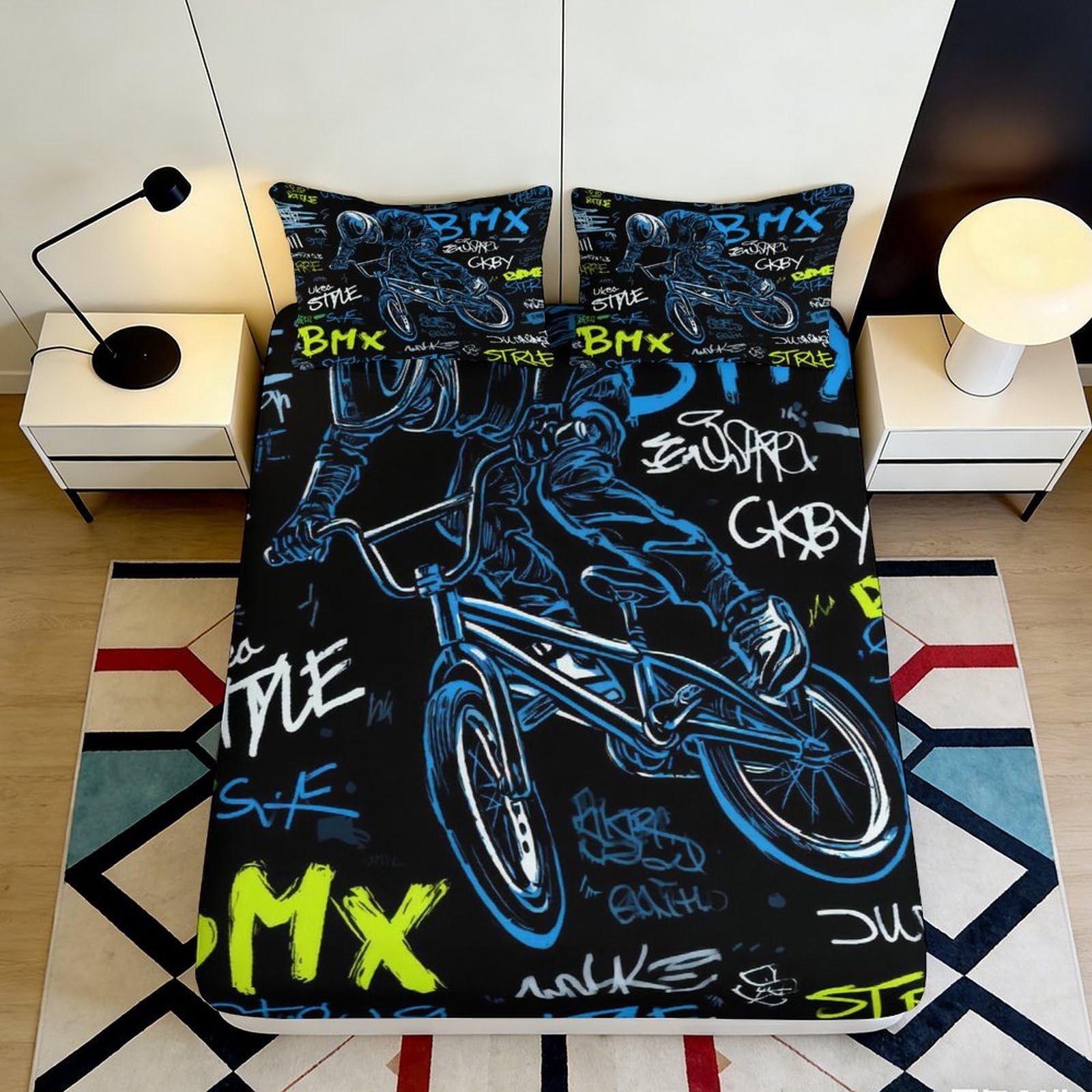 3D Printed BMX Graffiti Fitted Sheet Microfiber Soft Breathable Urban Bike Bed Cover for Bedroom Dorm Decor 90x200x25cm