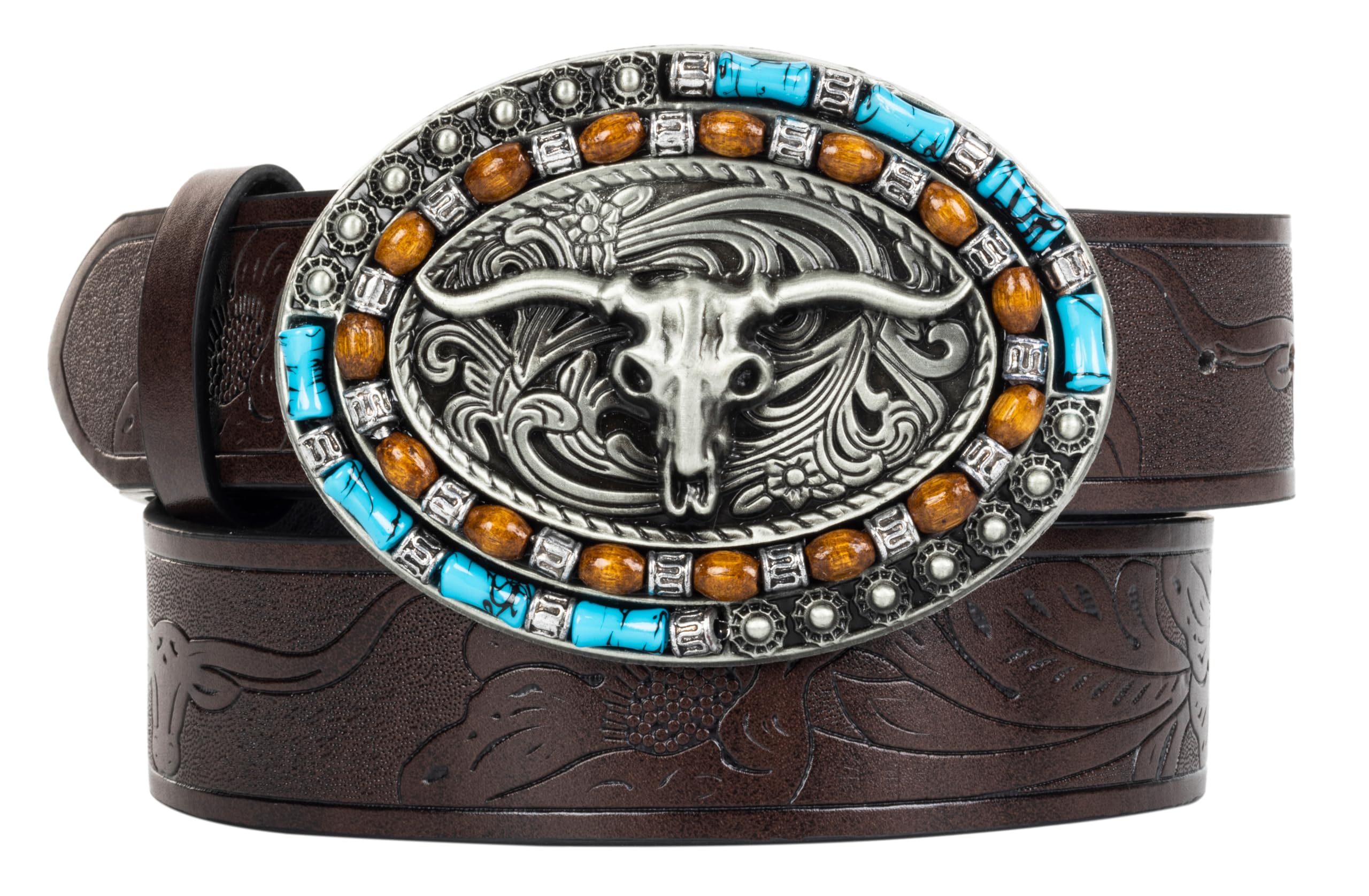 Western-Cowboy-Leather-Belts for Women Turquoise-Oval-Buckle Embossed Belt