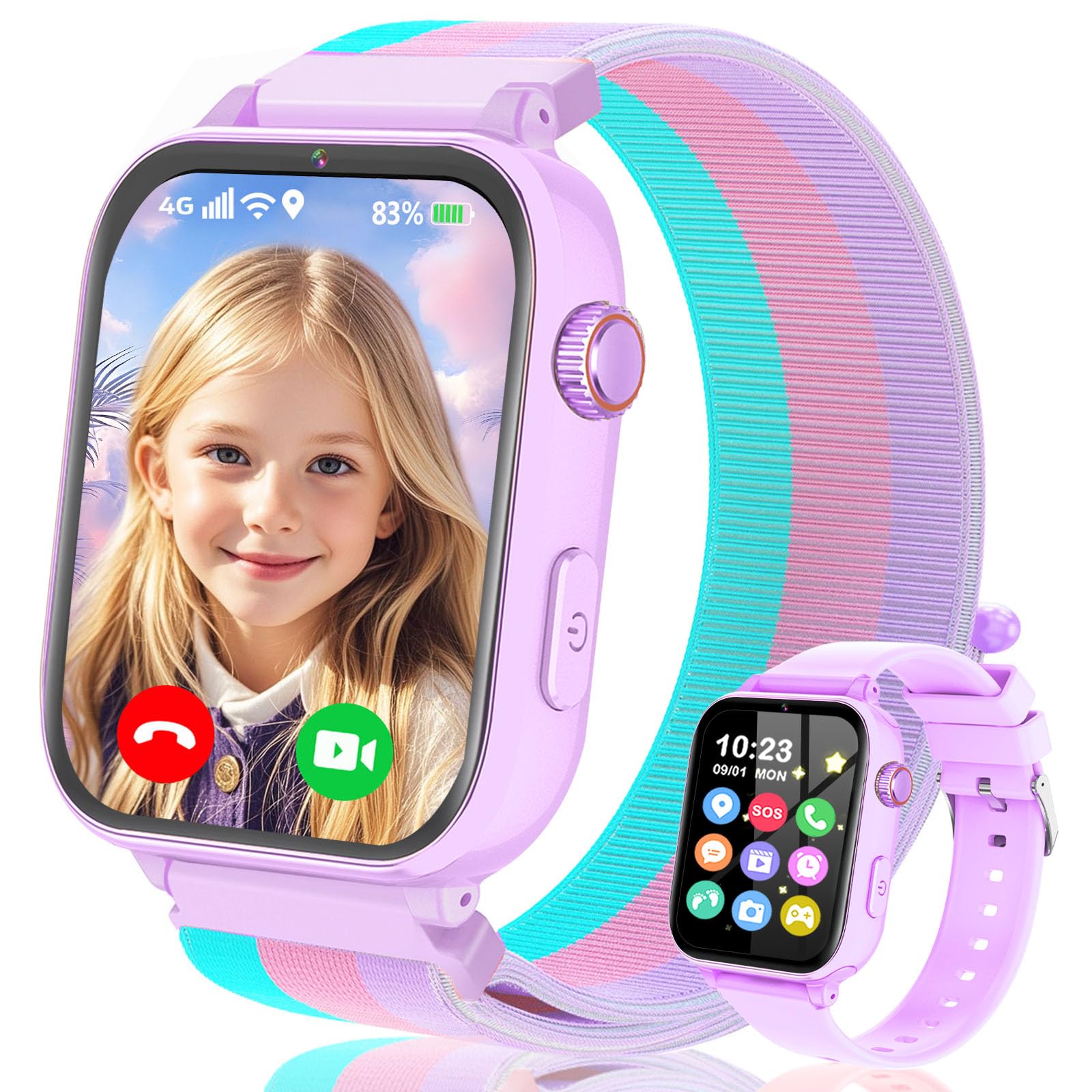 Reloj Inteligente Niño 4G GPS, Smartwatch para Niños Niñas con Teléfono, Videollamadas, Chat de Voz, SOS, Modo Escuela, Despertador, Podómetro,Relojes Teléfono Regalos para Infantil 4-12, Morado