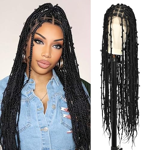 Lexqui Pelucas trenzadas cuadradas de 36 pulgadas con caja de mariposa sin nudos para mujeres negras, peluca frontal de doble encaje con pelo de Lexqui Pelucas trenzadas cuadradas de 36 pulgadas con caja de mariposa sin nudos para mujeres negras, peluca frontal de doble encaje con pelo de