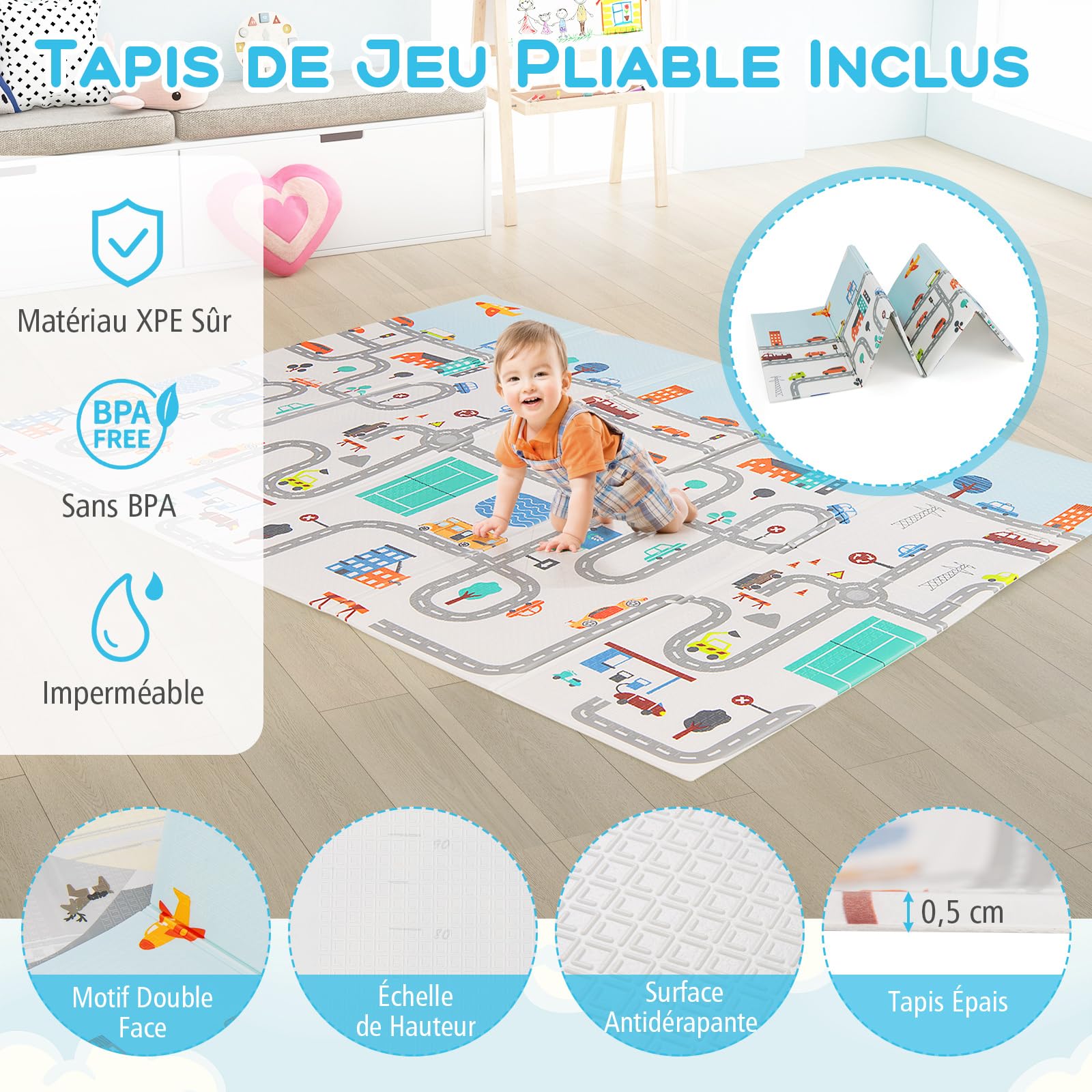 DREAMADE Parc Bébé 189x158CM en Tissu Oxford avec Tapis&Poche,Centre d'Activités Enfant avec 4 Anneaux de Traction&50 Balles&Porte Zippée,Clôture Tout-Petits 0-36Mois avec Sac de Transport(Gris Foncé)