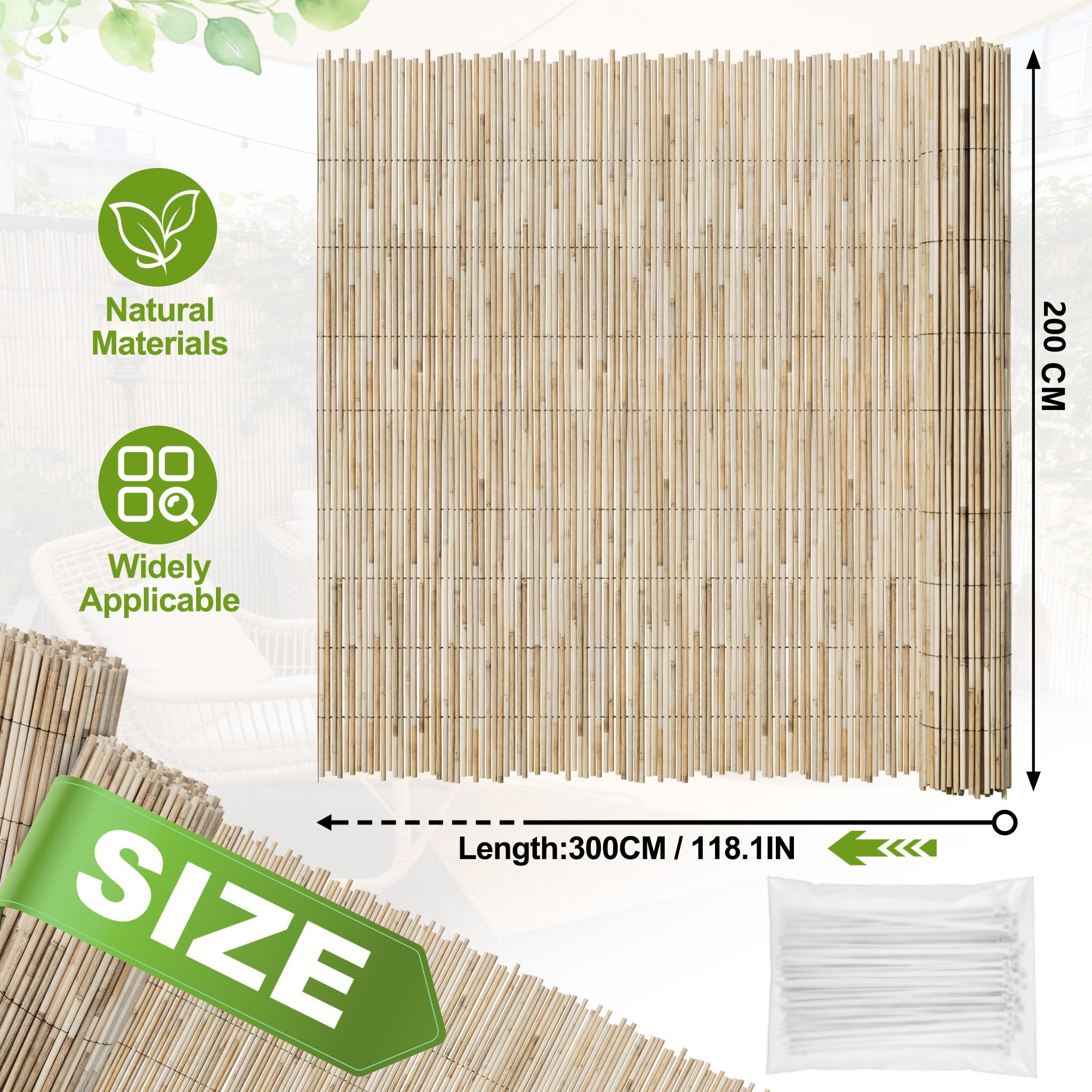 UISEBRT Recinzione frangivista da giardino, 200 x 300 cm, canne naturali, 6-8 mm, filo zincato da 0,5 mm, colore giallo chiaro, per balcone, terrazza, giardino, appartamento