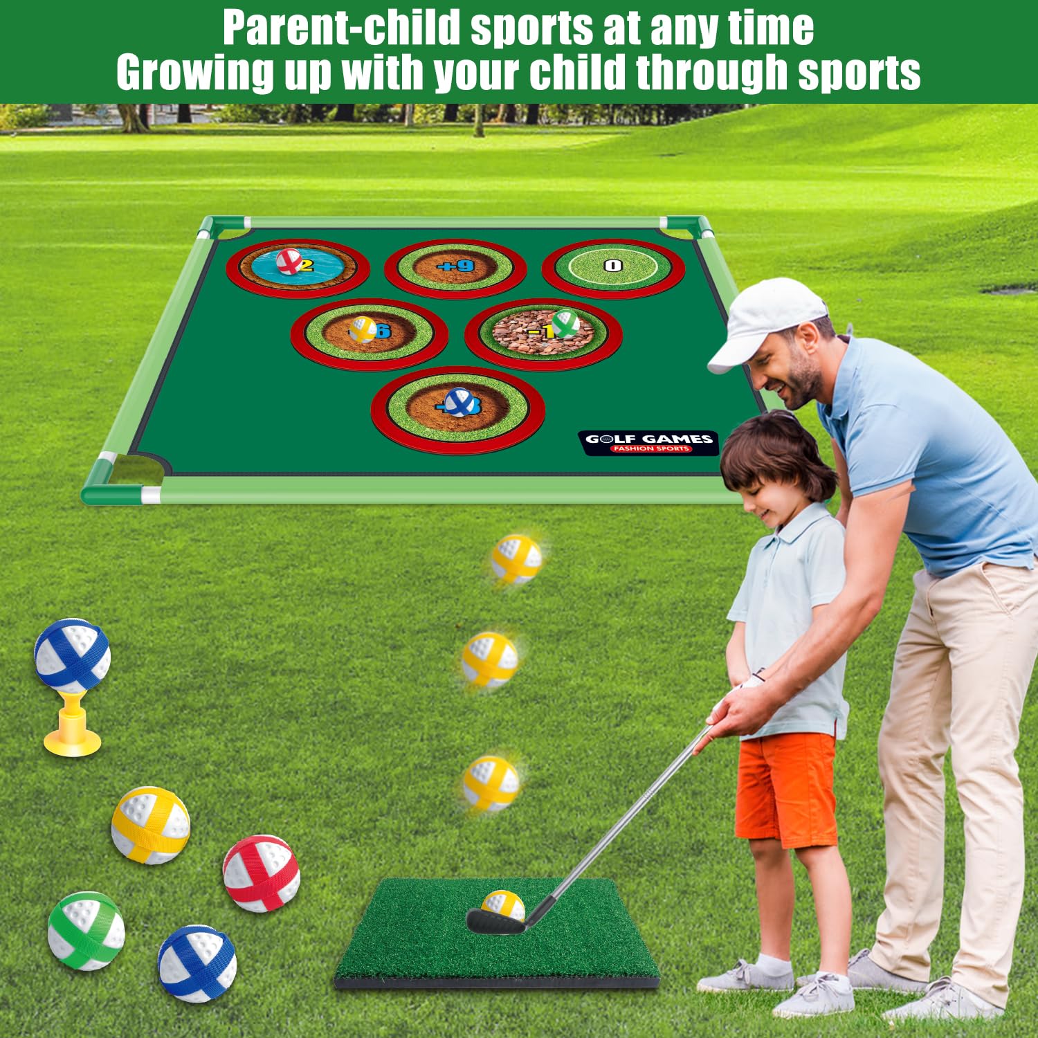 Mostop Juego de golf – Juego de juego de golf – Juego de cornhole para patio trasero, incluye alfombrilla de putting Mat, 20 bolas adhesivas, 6 orificios cubiertas, bolsa de transporte, juegos de golf