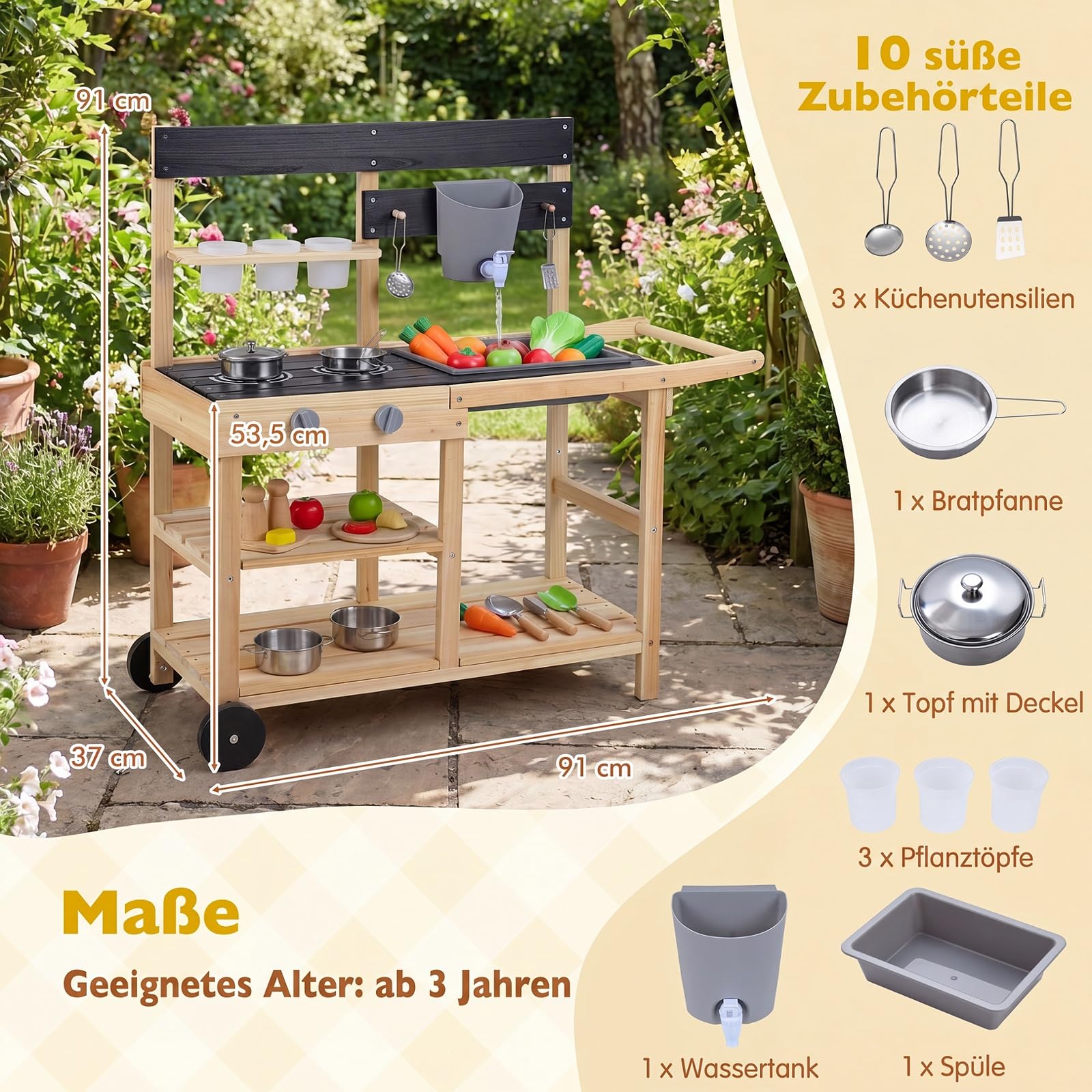 COSTWAY Matschküche Kinder Outdoor, Spielküche mit Wassertank & Wasserhahn | Kinderküche mit Rädern, Spüle, 3 Blumentöpfen, 2 Herd & Kochzubehör, Gartenspielküche für Kinder ab 3 Jahren