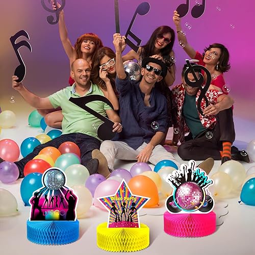 Miniatura 5 de 6 piezas de centros de mesa de disco de los años 70 de papel de los años 80 y 90 temáticos para fiestas temáticas de los años 70, decoraciones para