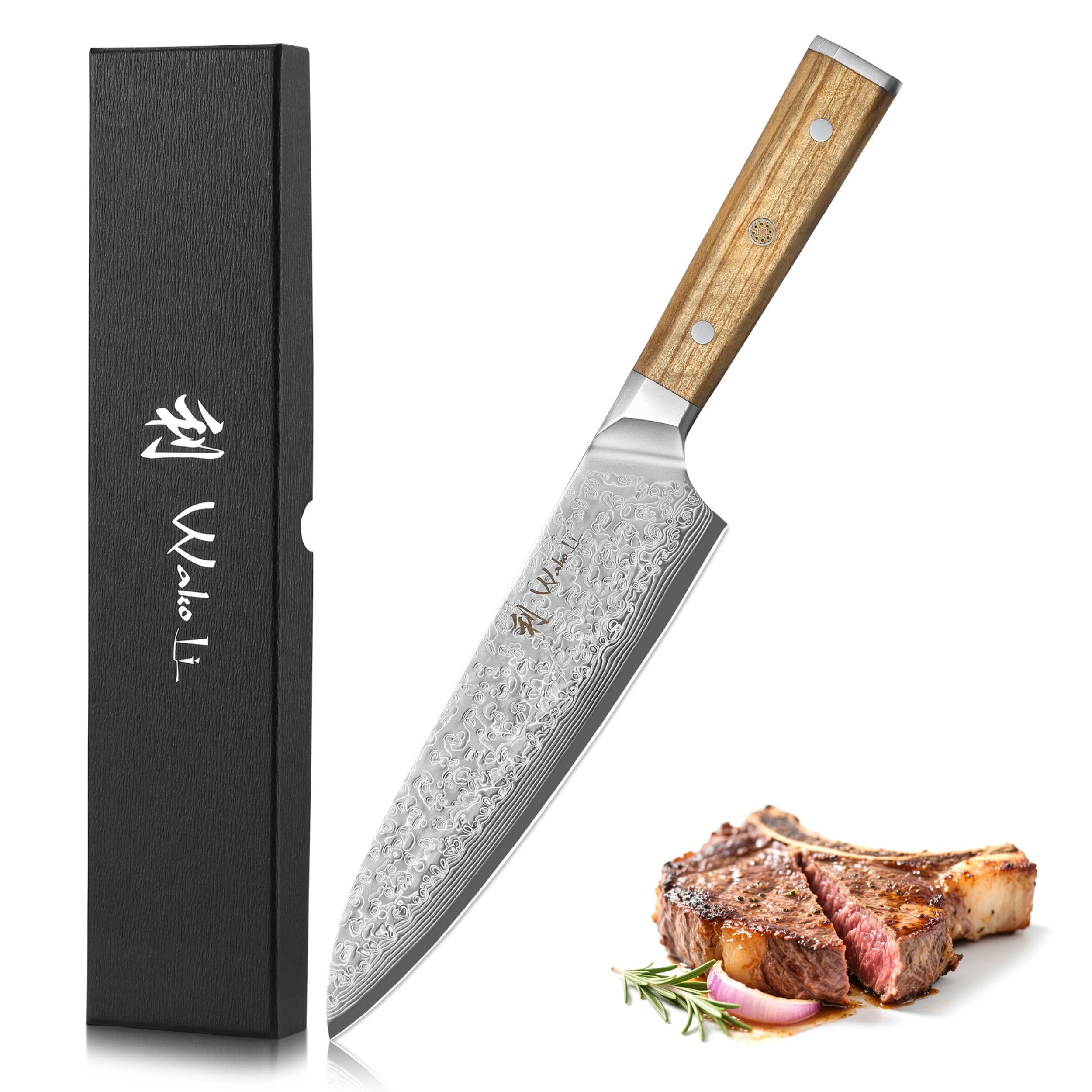 Wakoli Oribu nóż szefa kuchni z ostrzem 20 cm z 67 warstw stali damasceńskiej z rdzeniem VG10, Full Tang, uchwyt z drewna oliwkowego, w pudełku prezentowym, nóż kuchenny do mięsa, ryb, warzyw i ziół