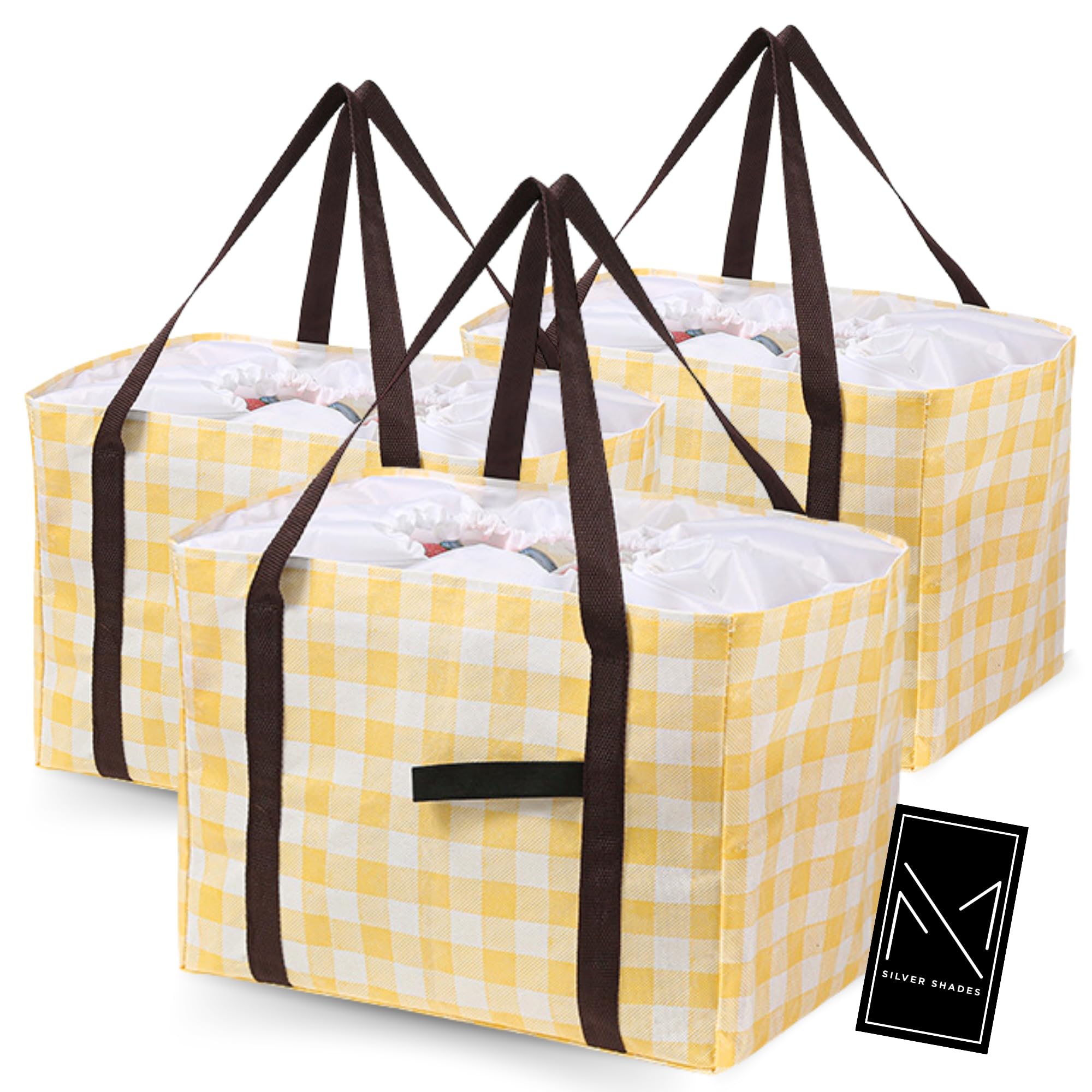 SILVER SHADES 3pcs Reusable Grocery Bag: Large Capacity, Foldable Design - Perfect for Shopping & Travel (Yellow)