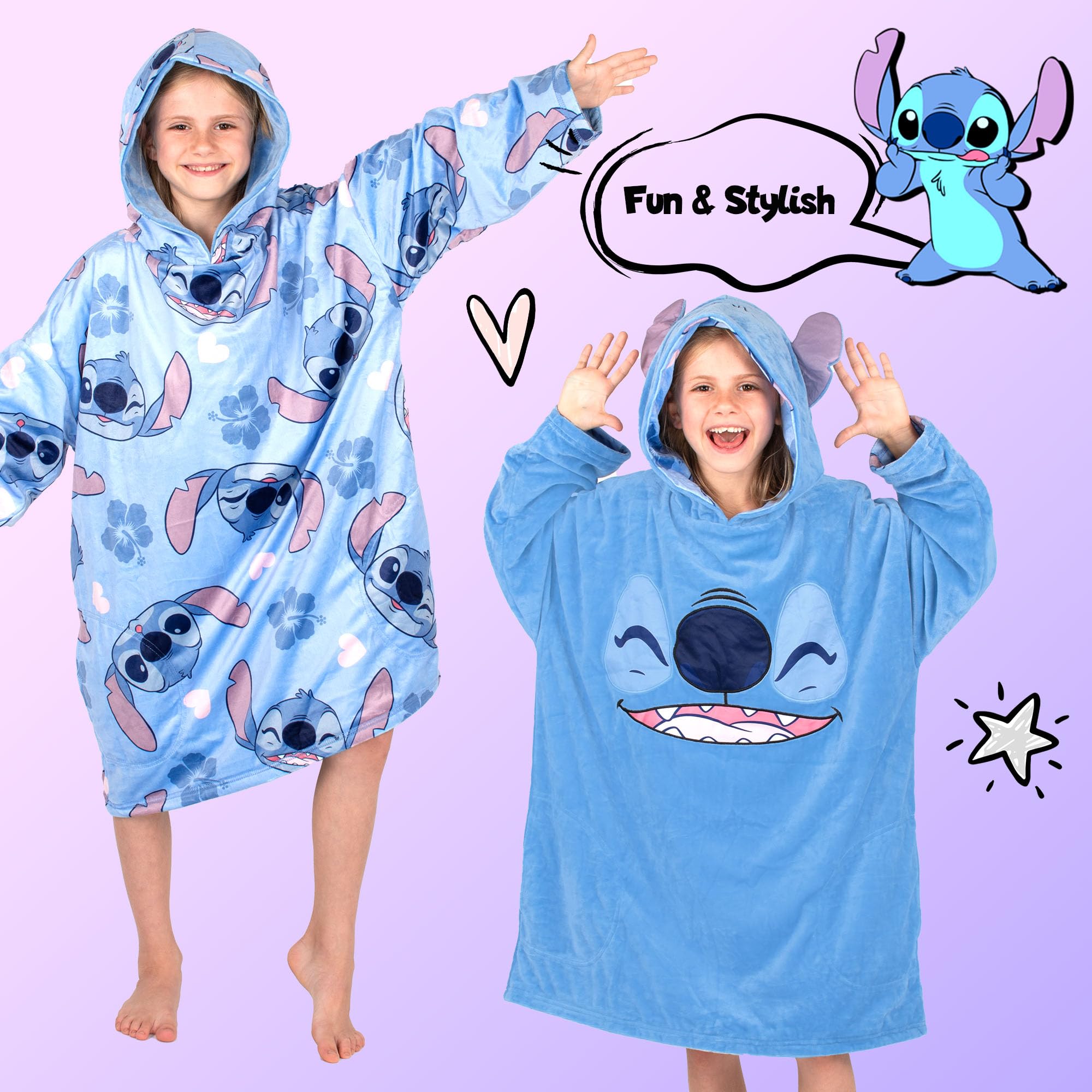 Disney Stitch - Manta reversible con capucha de gran tamaño para niños, súper suave, de doble cara, forro polar, regalo para niñas, talla única, color azul