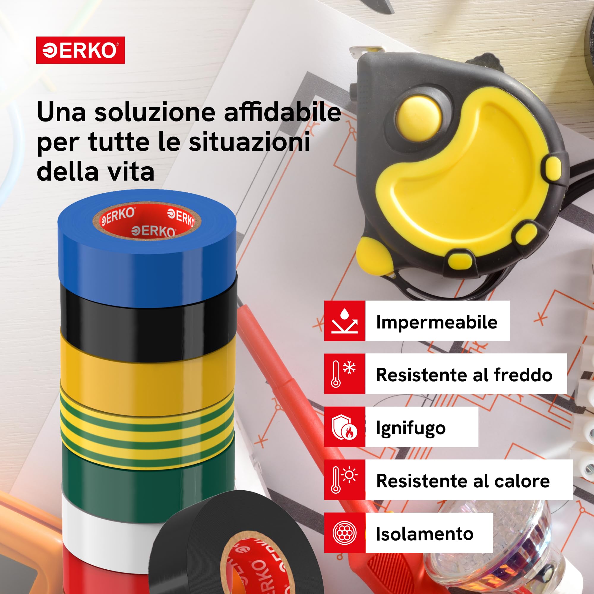 ERKO Nastro Isolante elettrico nero 19 mm x 20 m PVC Per isolare Riparare e legare, nastro adesivo, Per tensioni fino a 6 kv, elettrici professionali, flessibile, autoestinguente