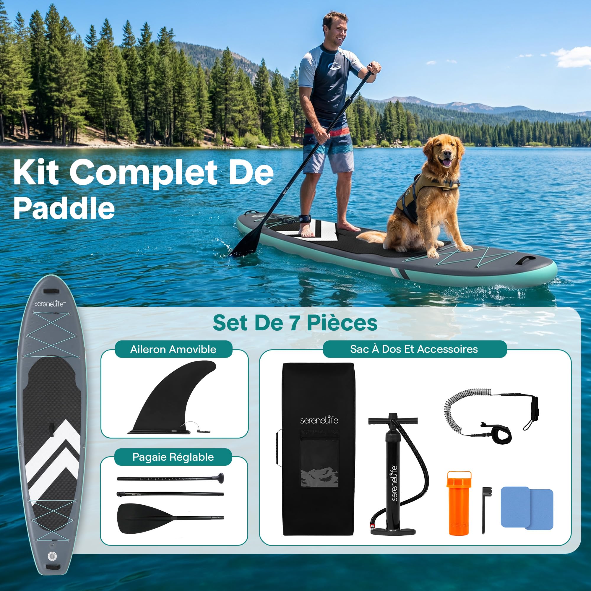 SereneLife Planche de Paddle Gonflable 3,4 m pour Adulte – Stand Up Paddle Sup avec Pagaie Réglable, Pompe à Main, Sac de Transport, Leash de Sécurité et Ailerons Amovibles – Kit Complet
