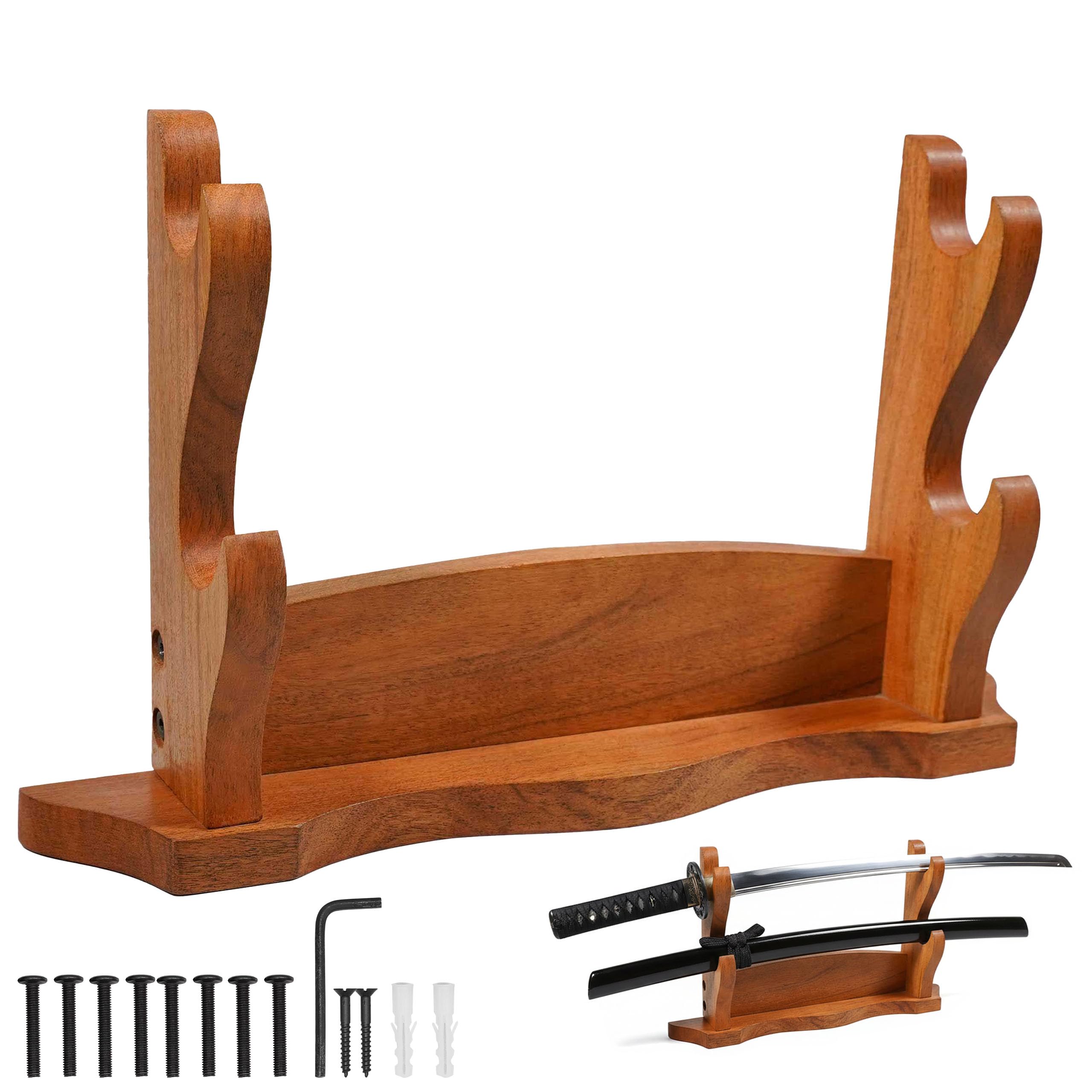 Mythrojan Natural Sword Holder Solid Wood Medieval Sword Wall Mount Samurai Sword Display Stand Katana Sword Holder Gladiator Sword Wall Display Crusader Sword Knife Stand For Display - Two Tier Stand
