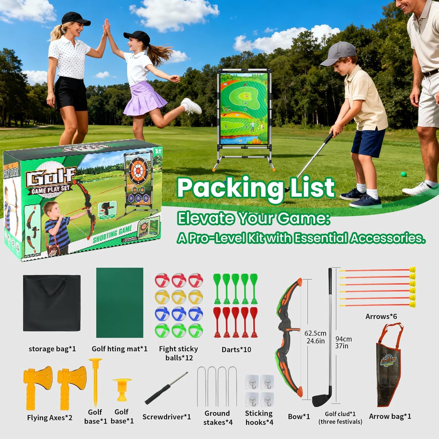 Golf Chipping Game Set with Stand,5-in-1 Portable Backyard Double-Sided Hitting Mat,with Sticky Balls,Archery,Axe & Dart,Golf Games for Family,Friends & Golfers,Indoor,Outdoor,Party Fun