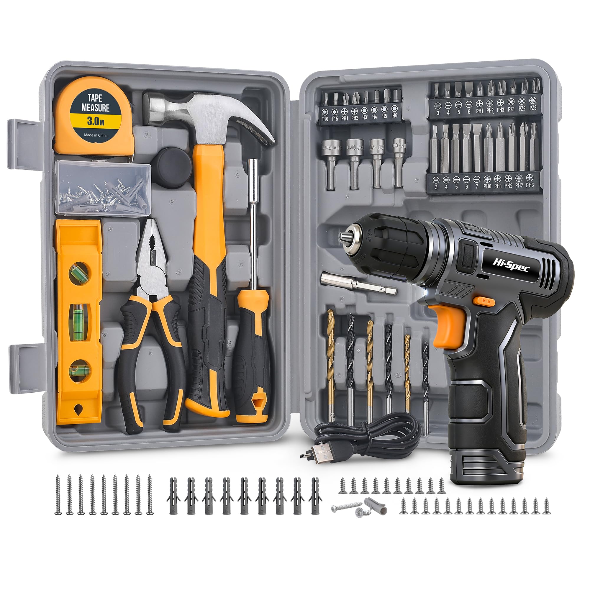 Hi-Spec 8V Cordless Drill Driver with Tool Kit, USB Rechargeable Compact with Essential Accessories, Grey, Ideal for DIY, Repairs and Home Maintenance