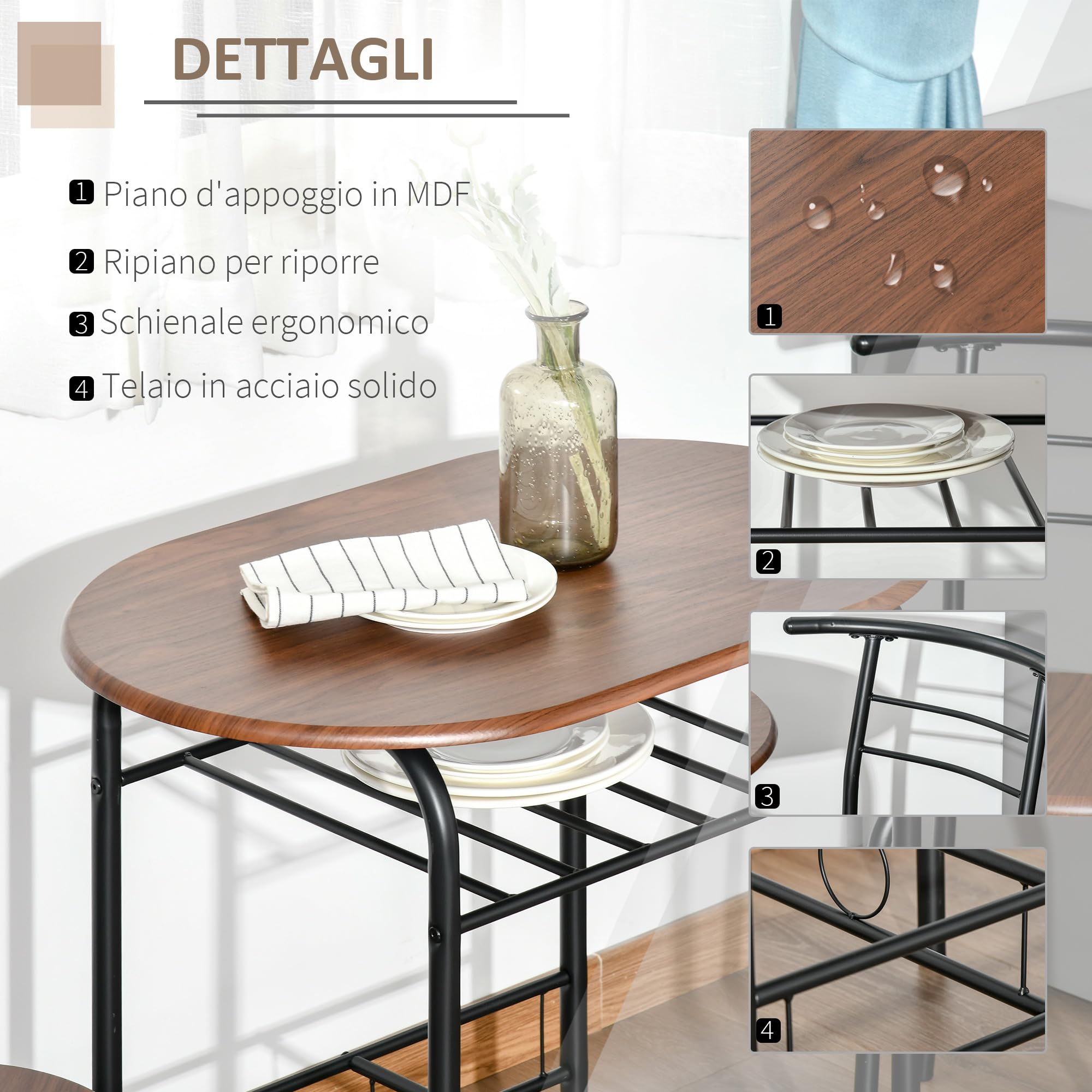 HOMCOM Set Tavolo Moderno con 2 Sedie per Sala da Pranzo, Set 3 Pezzi Mobili Salvaspazio da Cucina, Balcone, Ristorante o Bar, Marrone e Nero