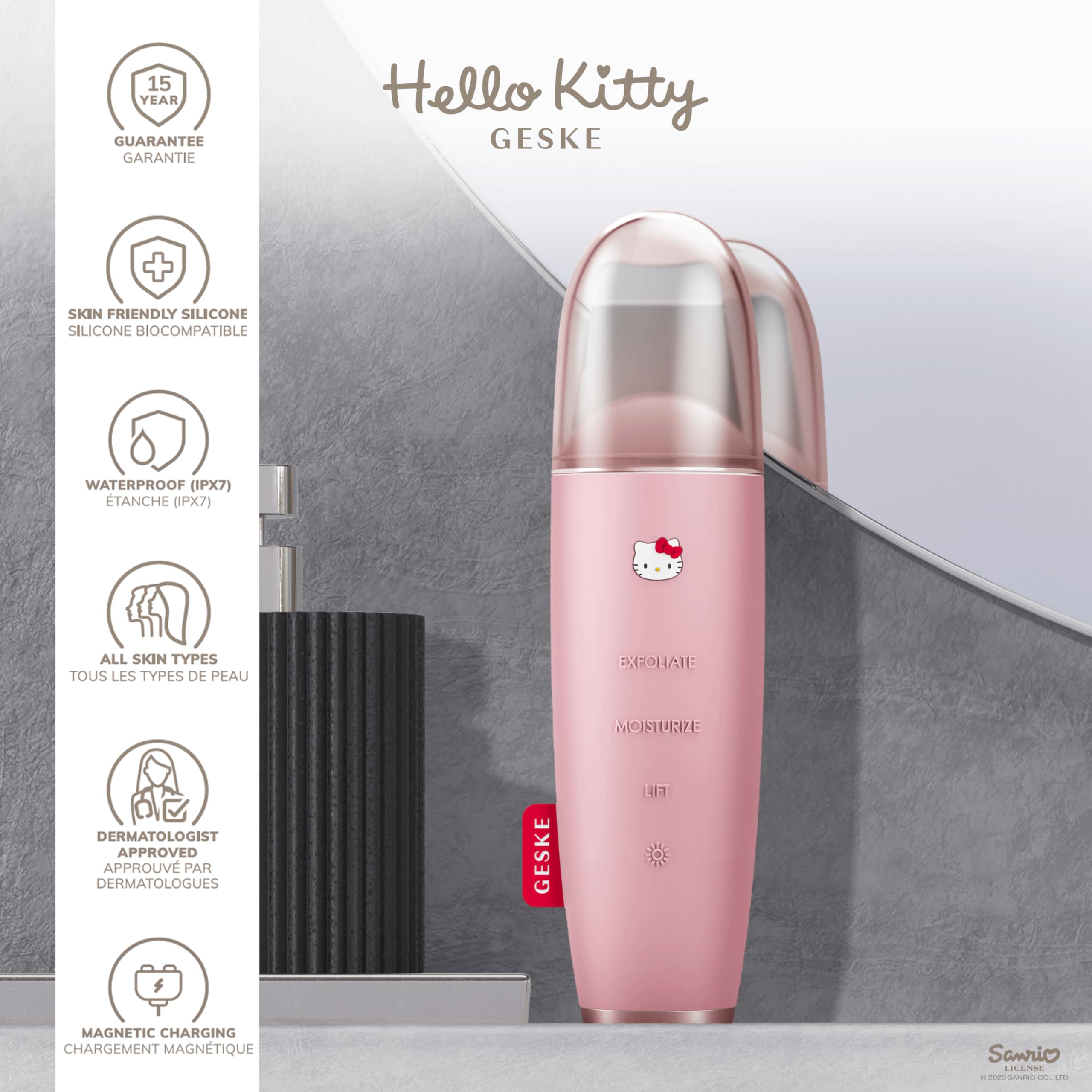 GESKE x Hello Kitty | Dispositivo a microcorrente per l'esfoliazione e la rimozione dei punti neri SmartAppGuided™ | 9 in 1 | Cura della pelle e pulizia del viso | Anti-età | Lifting facciale