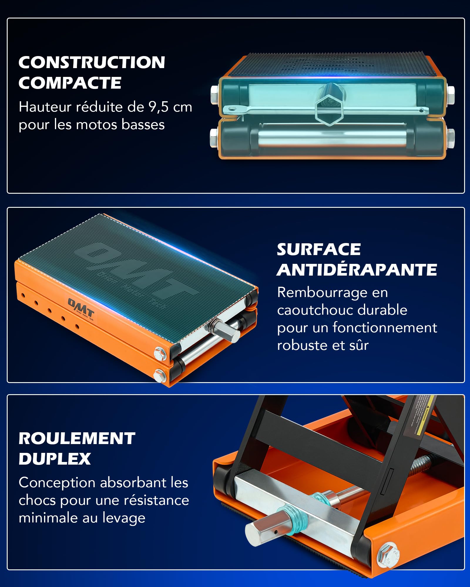 Orion Motor Tech Cric à Ciseaux pour Motos Capacité 500kg Hauteur de Levage 9,5-37 cm Support de Plateforme Élévatrice Caoutchouc Antidérapant, Entretien pour Motos VTT Scooter Touring Cruiser, Orange
