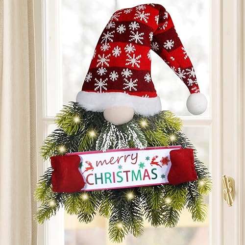 Gnome Christmas Door Wreath,Artificial Gnome Wreath with Lights，Gnome Wreath with Pine Needle，Christmas Wreath for Door Window Wall Mantel Christmas Decor