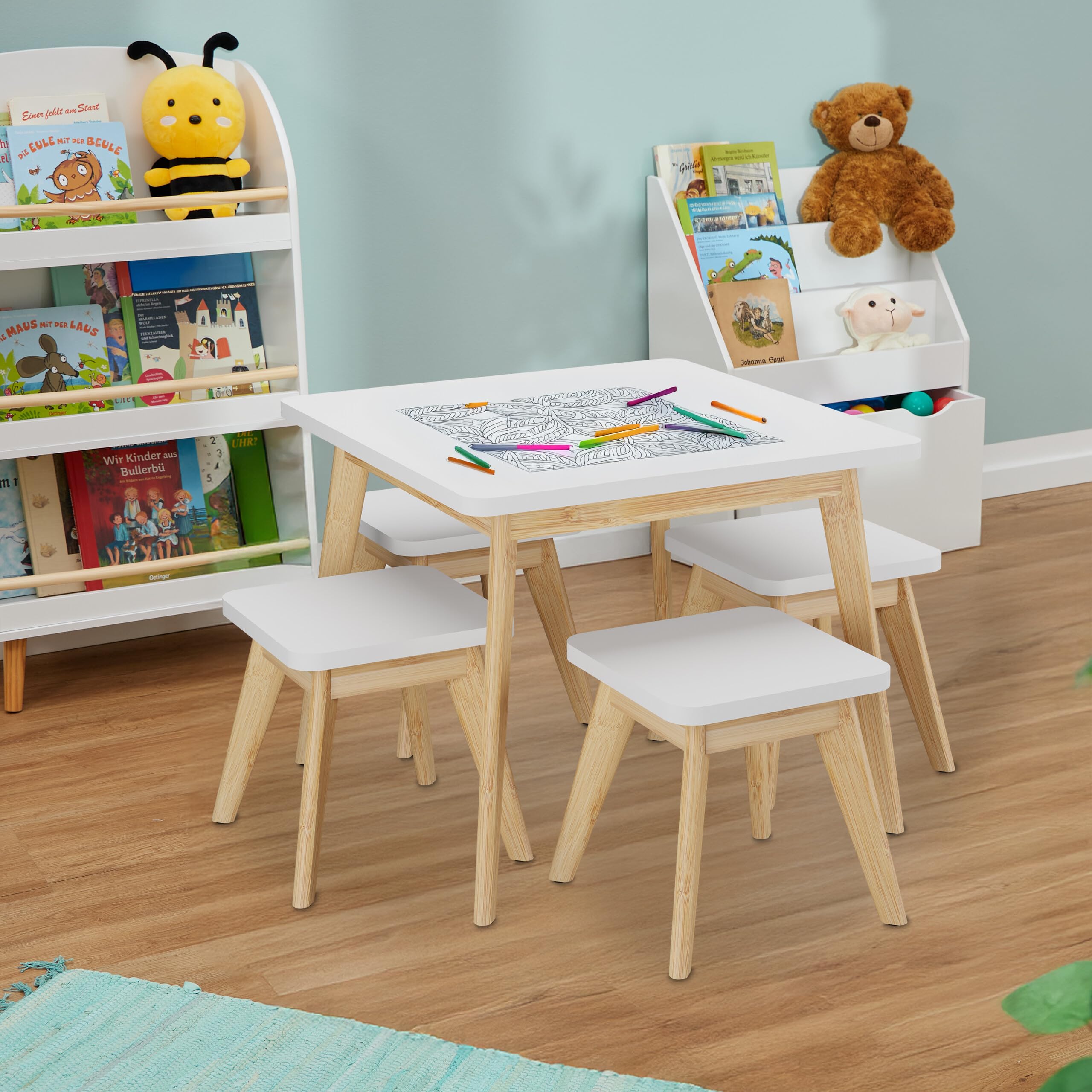 Relaxdays Tavolino da Bambini con Sedie per Cameretta, Tavolo da Gioco 4 Posti, bambù e MDF, 49x60x60 cm, Marrone Bianco
