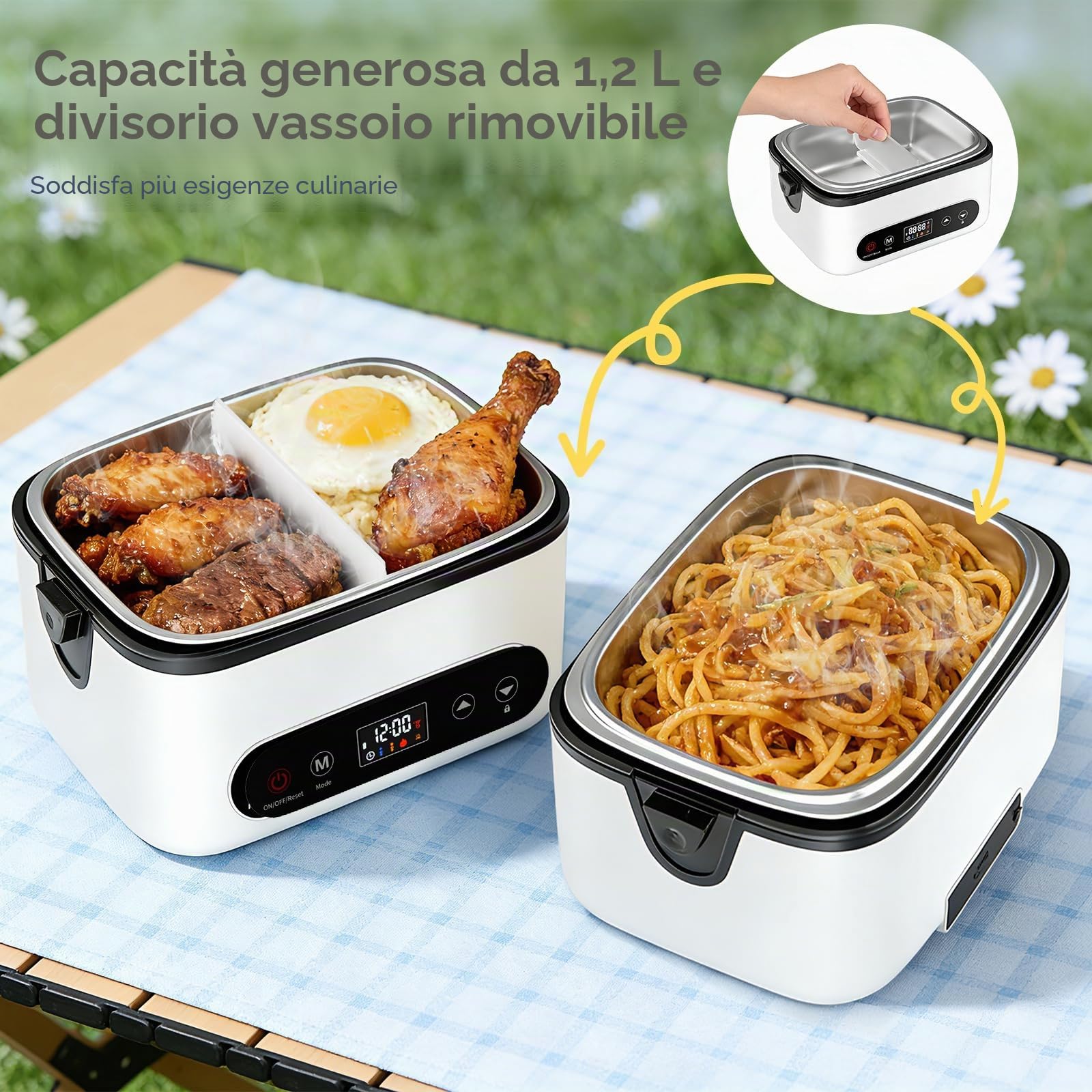 Scaldavivande Elettrico, 1.2L Scatola a pranzo Intelligente Riscaldante con Schermo Tattile, Scatola a Pranzo Riscaldante Senza Filo con Piatto in Acciaio Inossidabile e Sacco Isotermico
