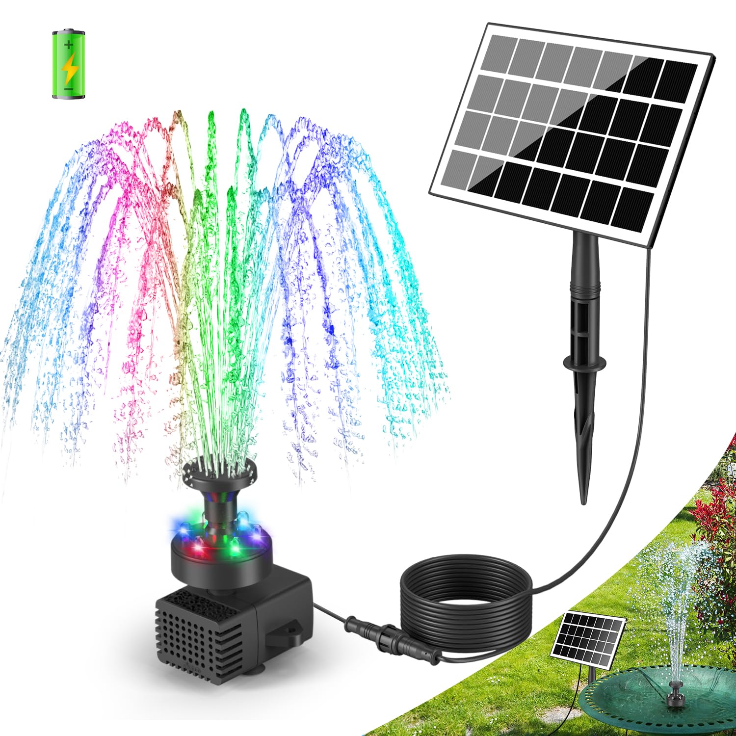 SZMP Springbrunnen Verstellbarer Vogelbad Brunnen für außen 24H mit Bunte LED Leuchten Gartenbrunnen 7 Düsen 5M Netzkabel im Lieferumfang enthalten Verwendung in Gärten,Fischbecken,Vogelbadbrunnen