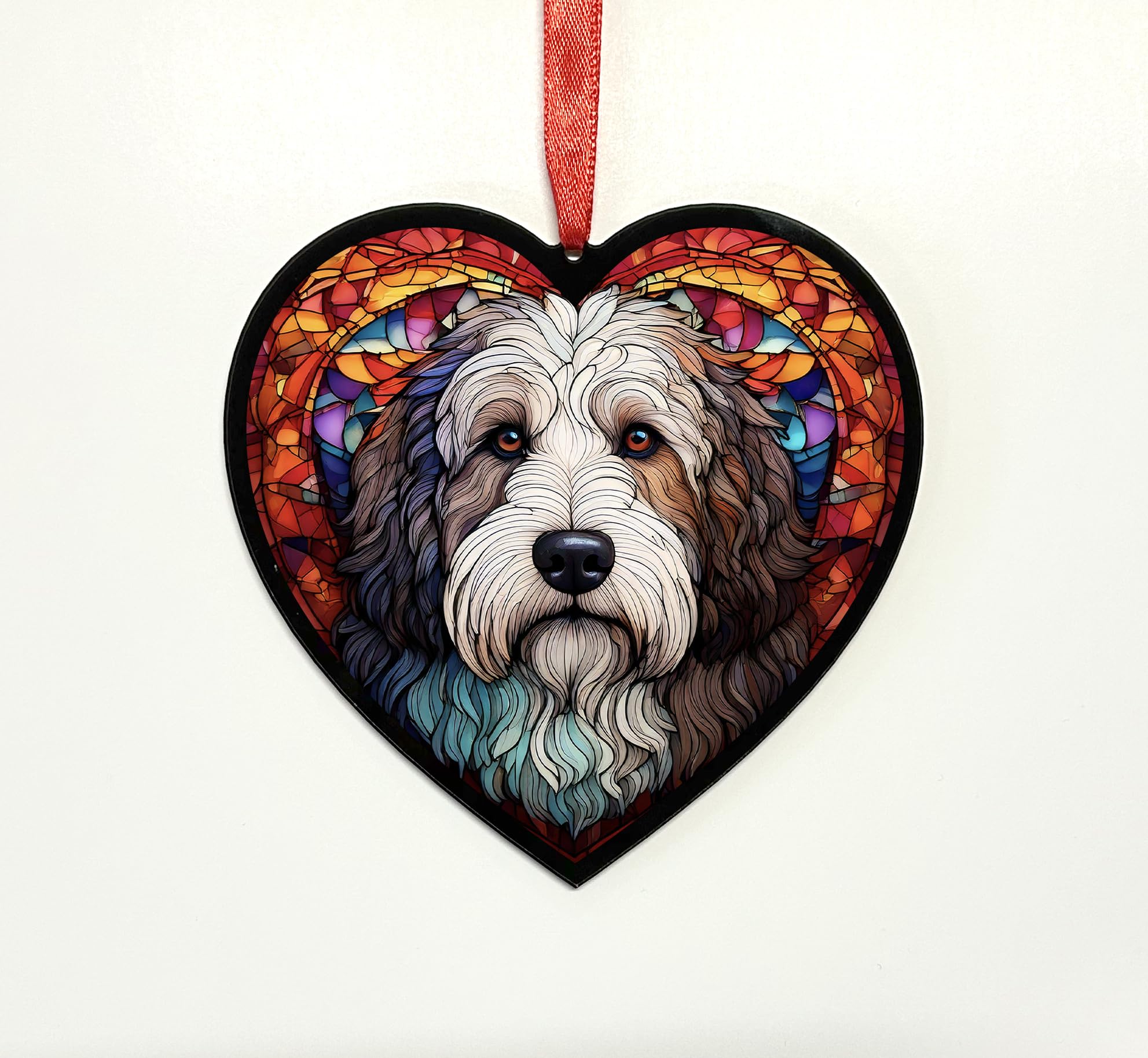 Old English Sheepdog Heart Suncatcher - Memorial or Gift for Dog Lovers - 13cm
