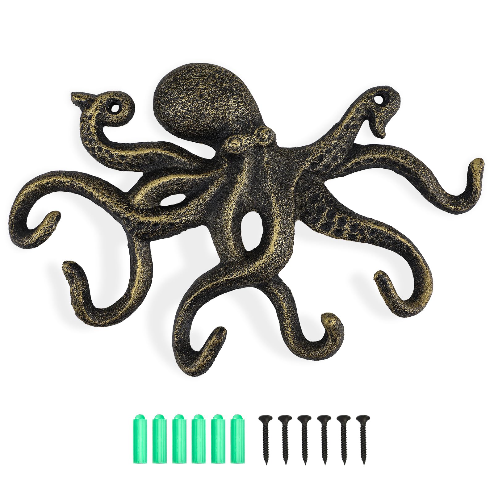 efuturetime Colgador Pared de Pulpo, Gancho de Pared de Hierro con Tornillos, Rústico Percheros de Pared para Colgar Ropa Llaves Sombreros Bolsos, Oro-Negro