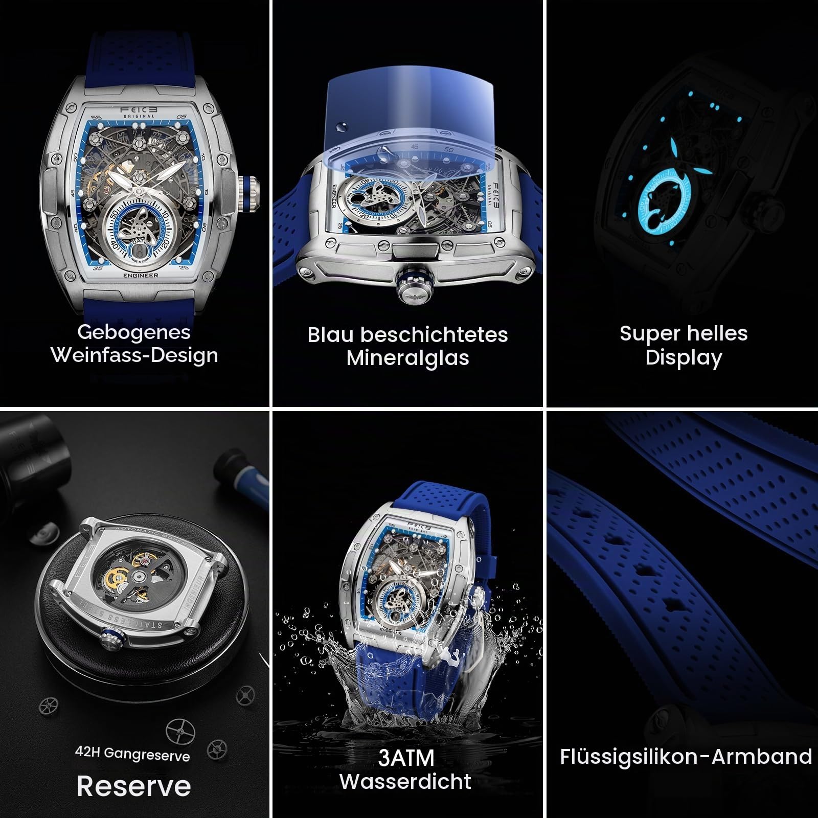 FEICE FM503 Herren Automatikuhr Skelett Blaue Uhr Automatik