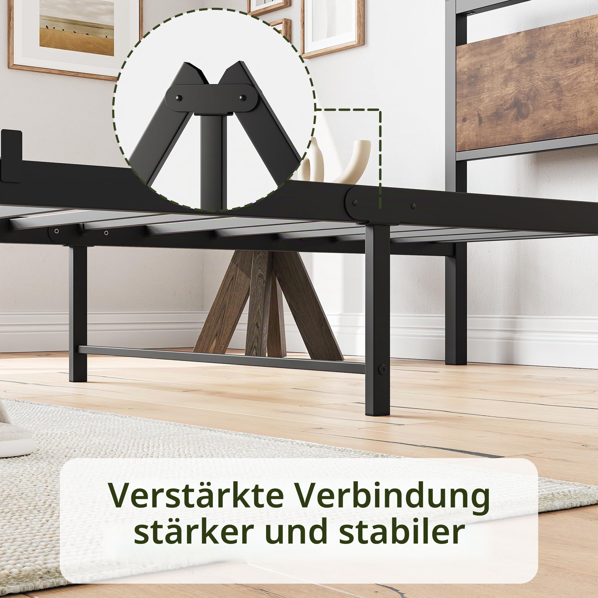 Bett 90x200 Bettrahmen aus Metall Holz Metallbett Einzelbetten Bettgestell Jugendbett 90x200 mit Lattenrost,Metall Bed Frame Braun und Schwarz
