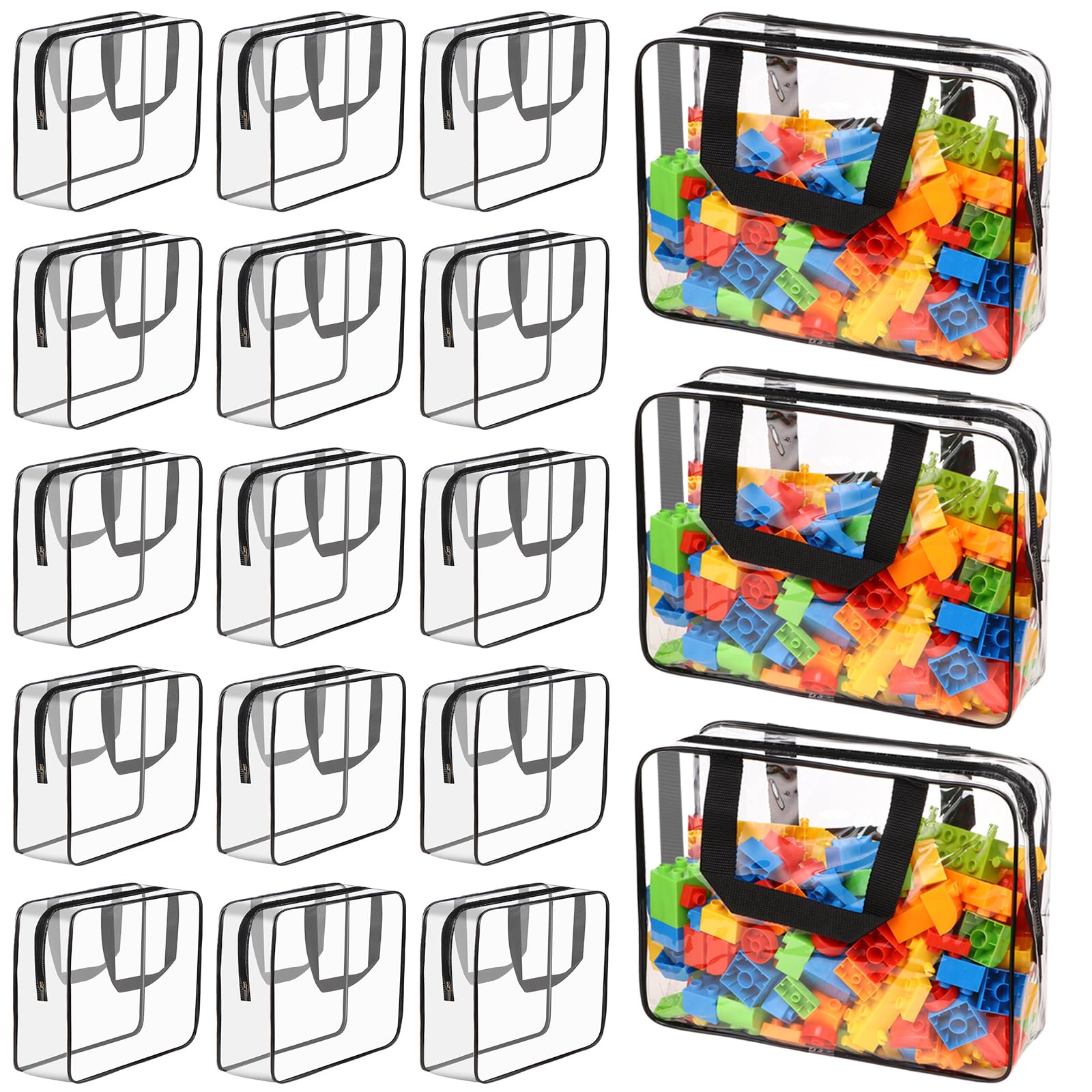 MBJZSL 18 Packs Large Toy Storage Bags with Labels, Waterproof Clear Pvc Storage Bags for Toys, Travel Organizer Bags with Zipper Closure for Puzzles, Building Blocks, Kids' Books