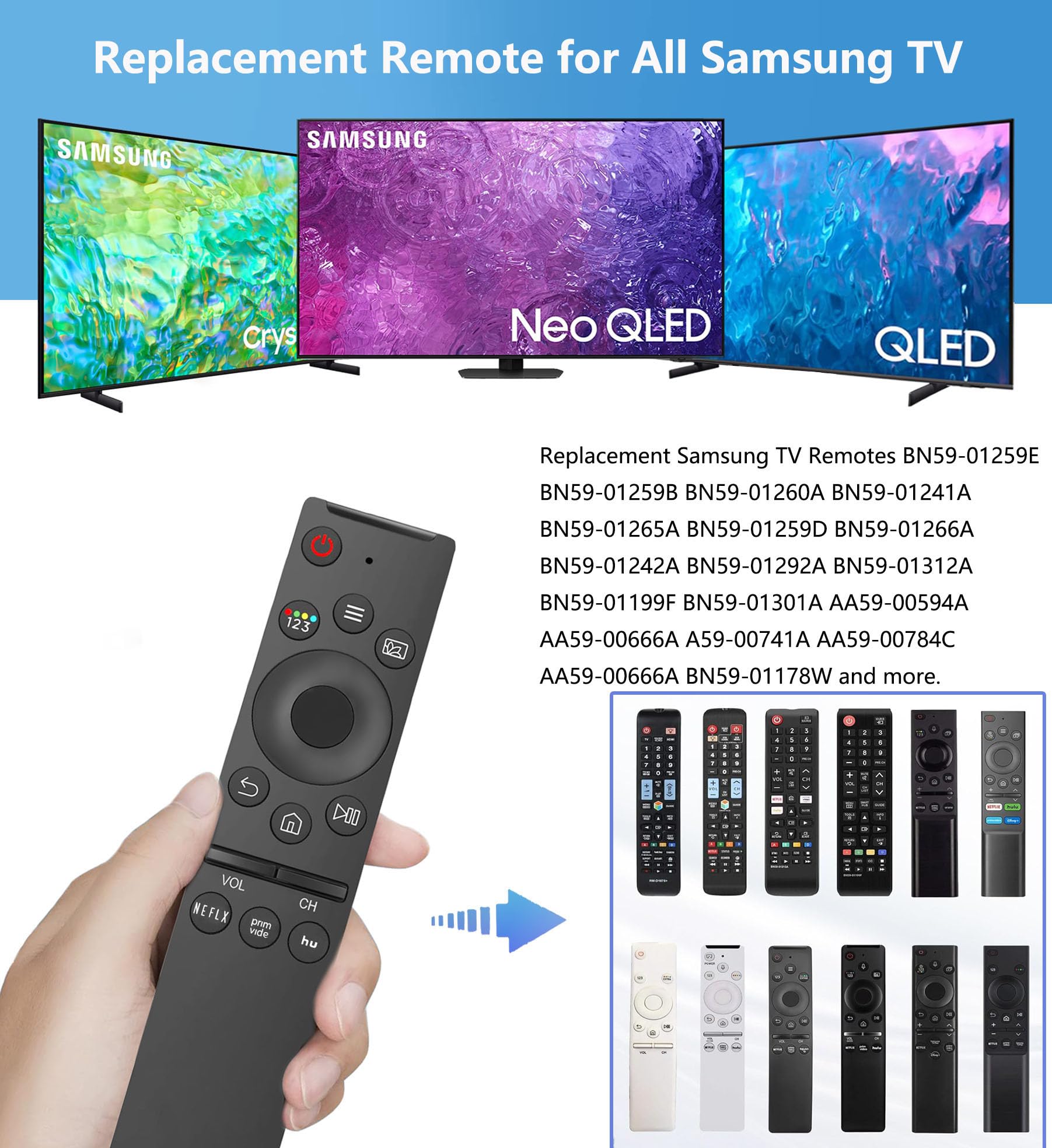 Zamienny pilot zdalnego sterowania do telewizora Samsung, kompatybilny ze wszystkimi telewizorami Samsung LED QLED UHD SUHD HDR LCD ramka zakrzywiona solarna HDTV 4K 8K 3D Smart TV