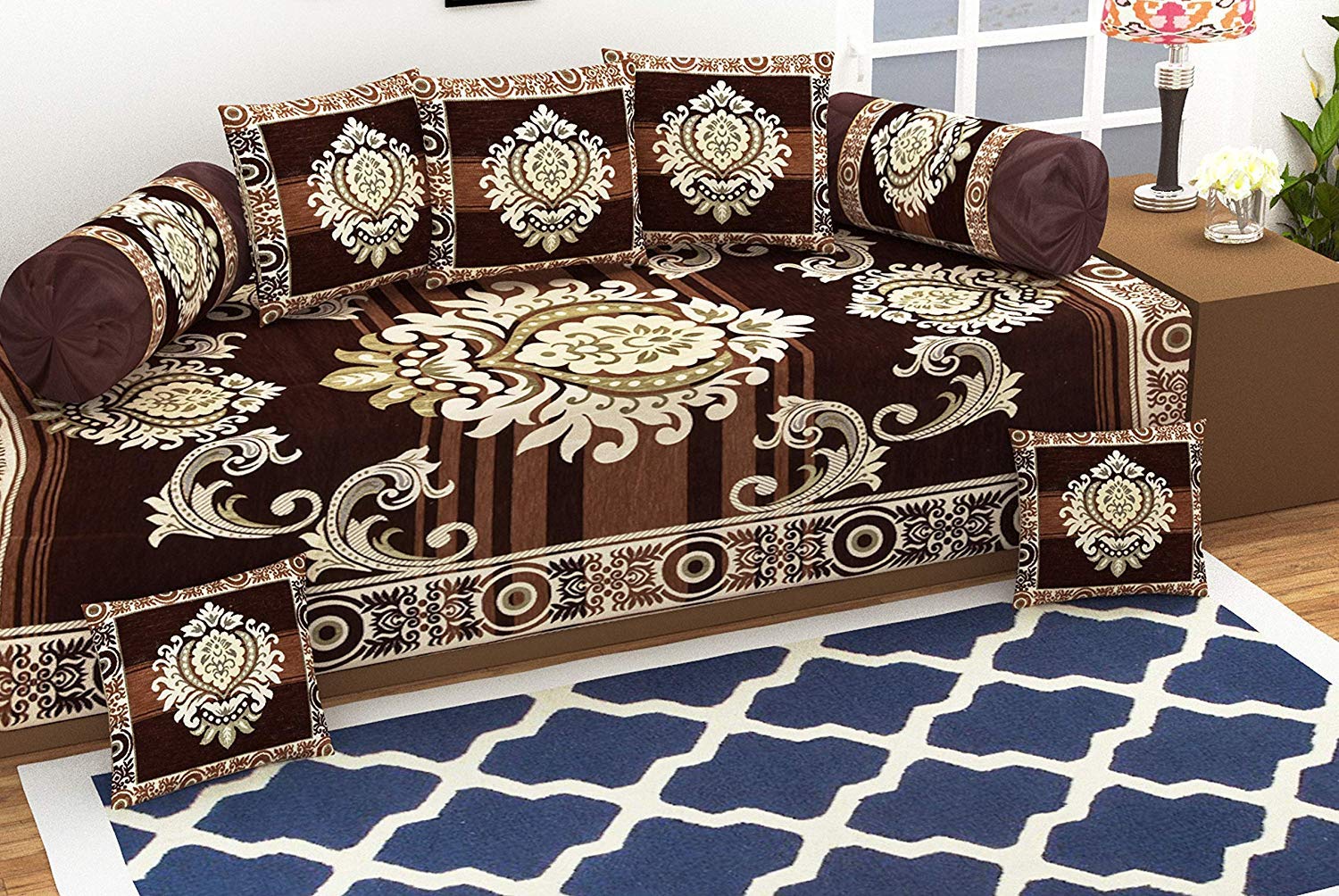Livmoda Velvet Chenille Diwan Set(Content: 1 Single Bed Sheet, 5 Cushion Cover, 2 Bolster Cover, Total - 8 Pieces Set, Exclusive Premium Design-Heavy Fabric)-Coffee-picture-24