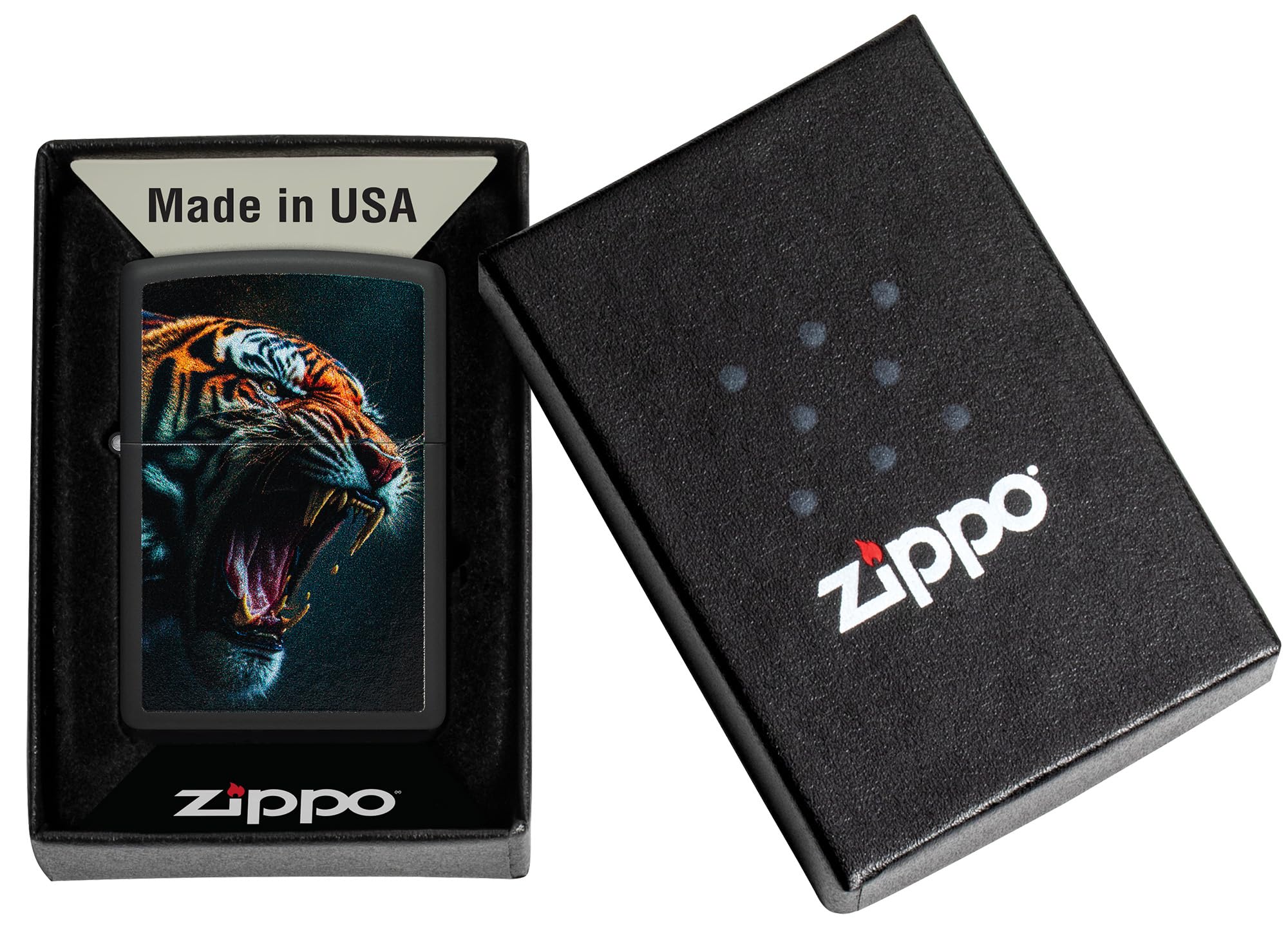 Zippo - Briquet tempête, Motif Tigre féroce, Noir Mat, Impression colorée Color Image, Rechargeable, réutilisable, Coupe-Vent, boîte Cadeau, fabriqué aux États-Unis