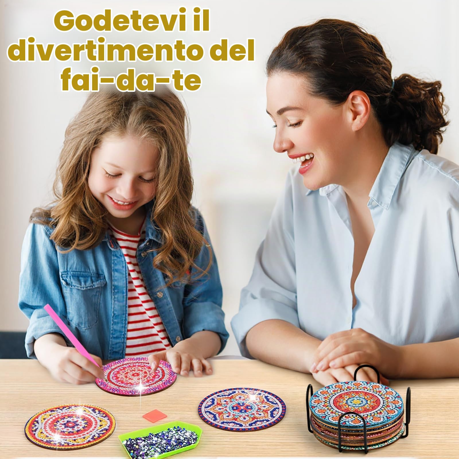 WuGU Sottobicchieri Diamante con Supporto, 10 Pezzi Sottobicchiere Dipinto a Diamante, Sottobicchieri Mandala Fai da te, Set di Sottobicchieri con Pittura a Diamante per Adulti & Bambini