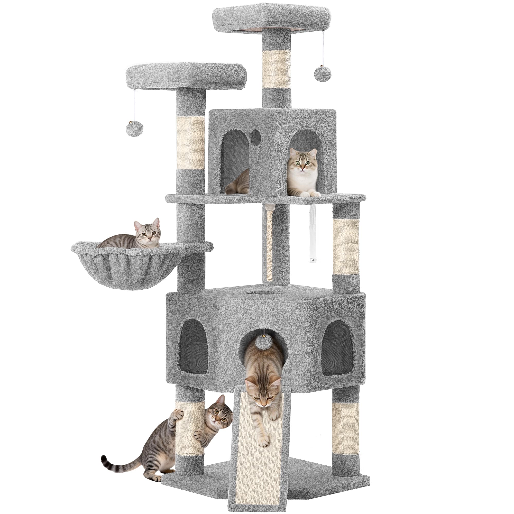 Hzuaneri Cat Tree for Indoor Cats, 174cm Cat Tower for Large Cats, 2 Platforms, 2 Caves, 4 Sisal Posts, Scratching Board, Cat Basket, Sisal Rope, Heavy-Duty for multiple cats, Light Grey MS17418LG