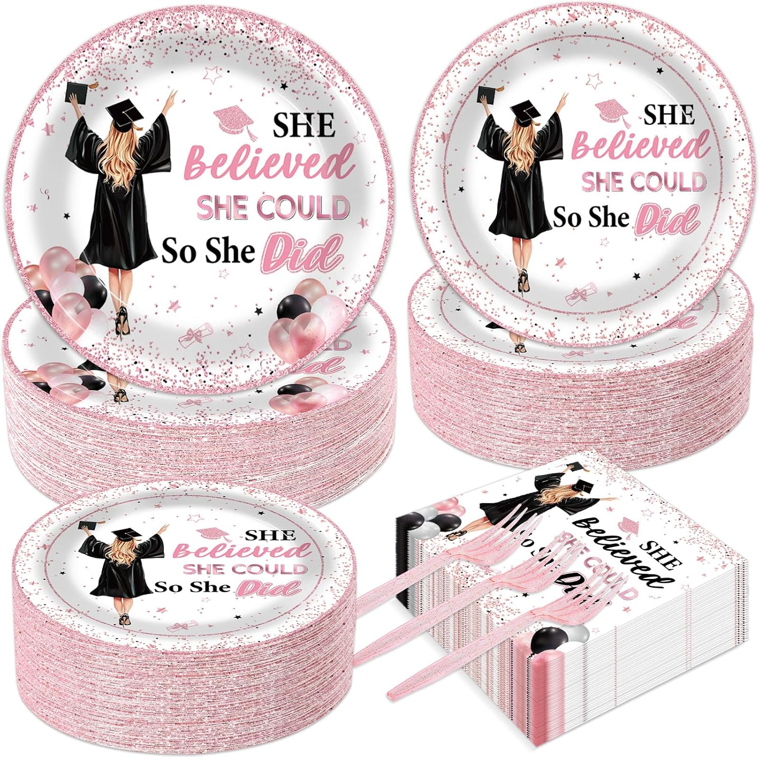 200pcs Graduation Party Supplies Decoration 2025 Graduation Plates Napkins Pink She Believed She Could So She Did Tableware Congratulations Graduate Paper Plate for Girl College High School Serves 50