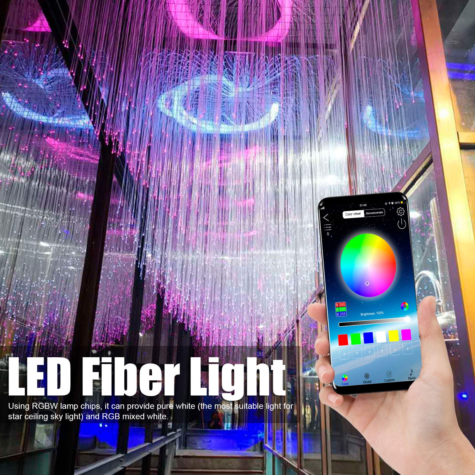 TOPINCN Glasfaser Lampe LED-Farbwechsel-Lichtwellen Leiter mit 2m Glasfaser Kabel RGBW Befestigung Decken Leuchte Lampe APP-Steuerung für Heim-Auto-Dekoration